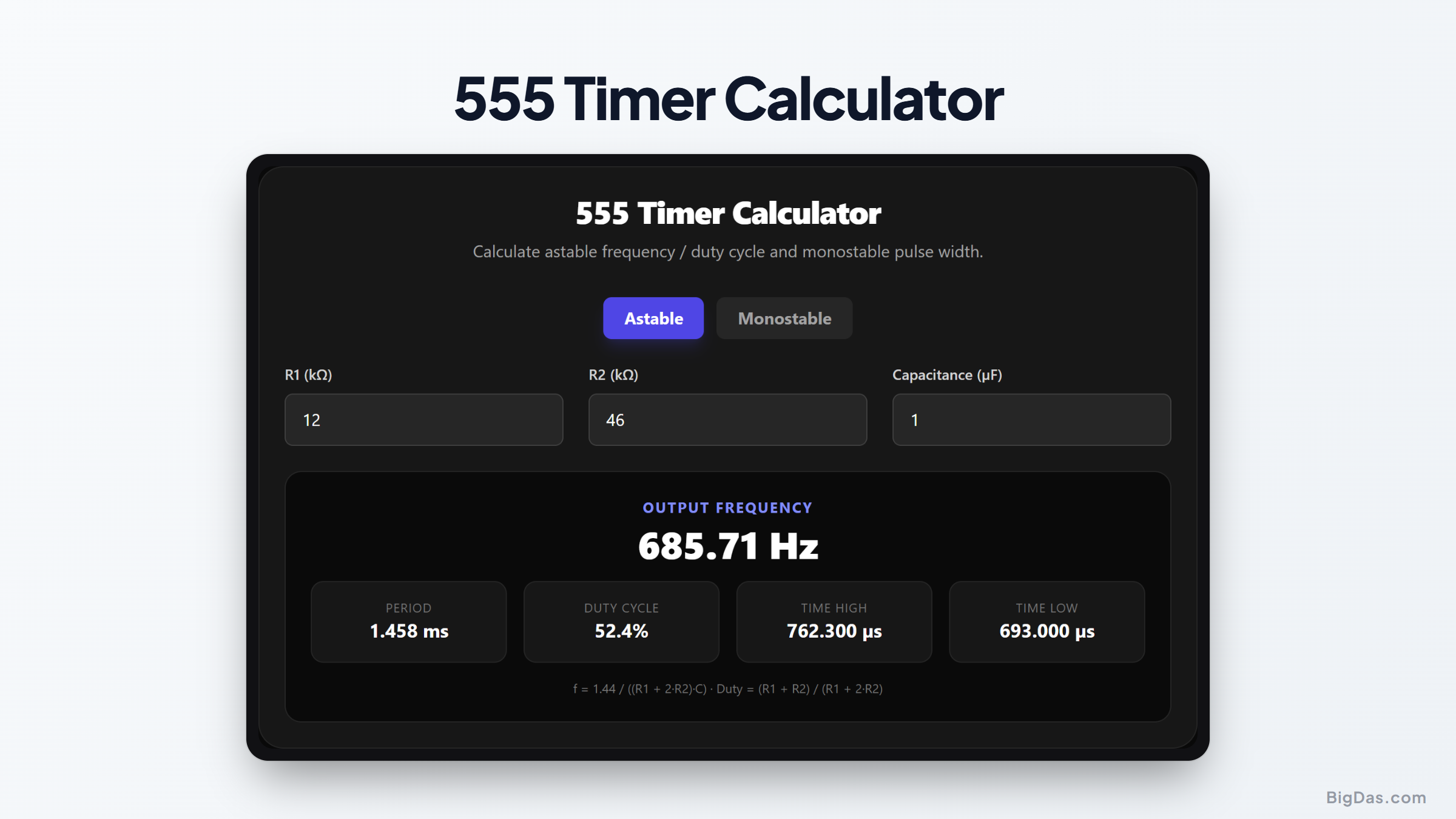 Free 555 Timer Calculator Online — Big Das interactive tool preview