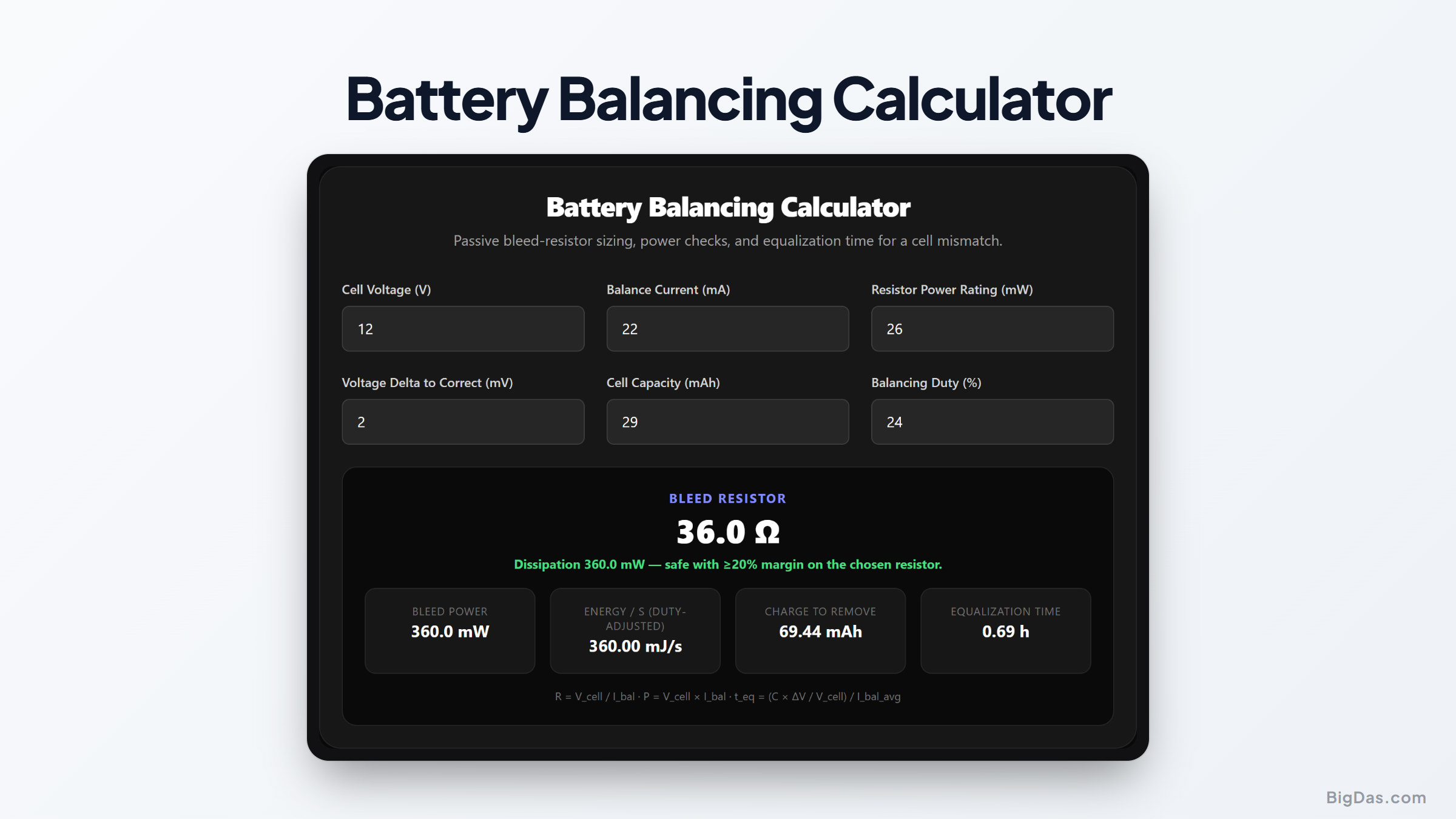Free Battery Balancing Calculator Online — Big Das interactive tool preview