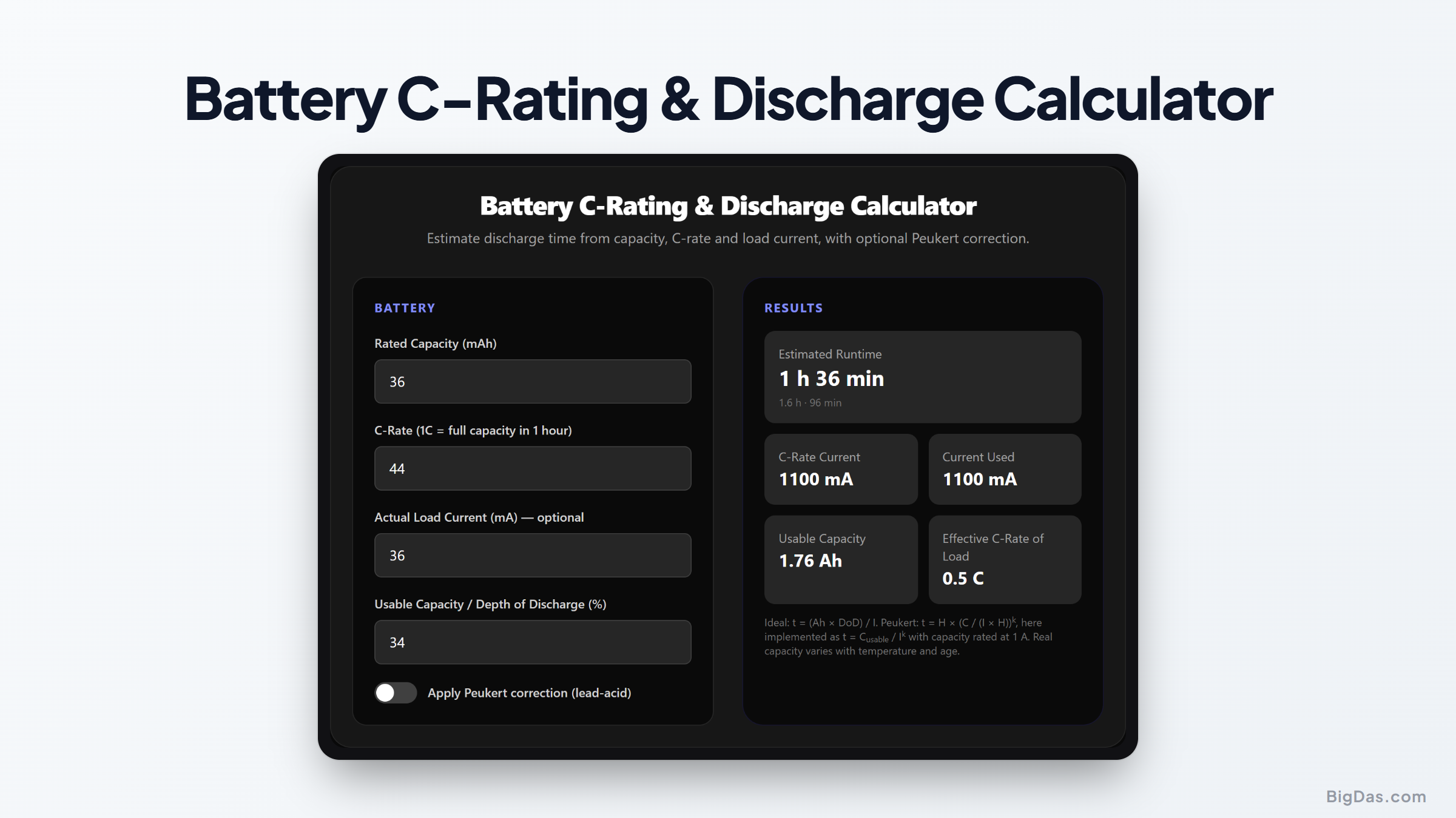 Free Battery C-Rating & Discharge Calculator Online — Big Das interactive tool preview