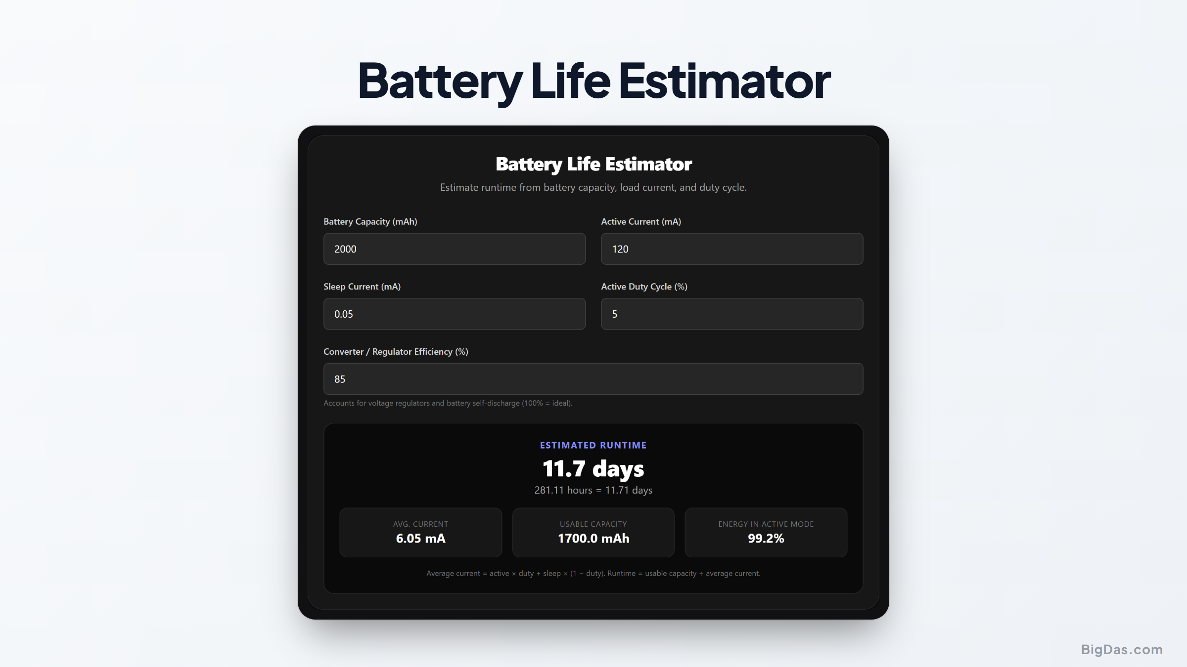 Free Battery Life Estimator Online — Big Das interactive tool preview