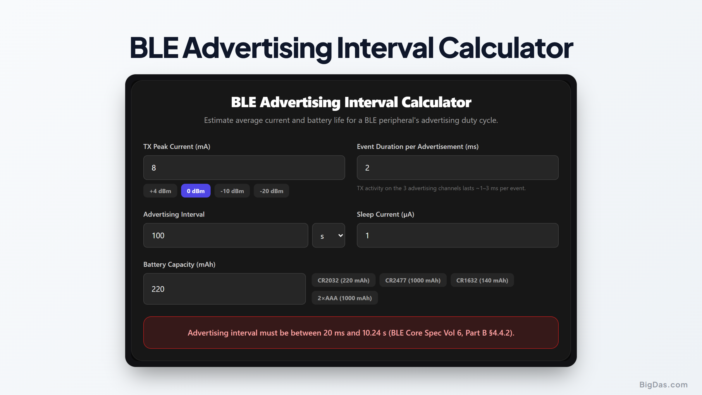 Free BLE Advertising Interval Calculator Online — Big Das interactive tool preview