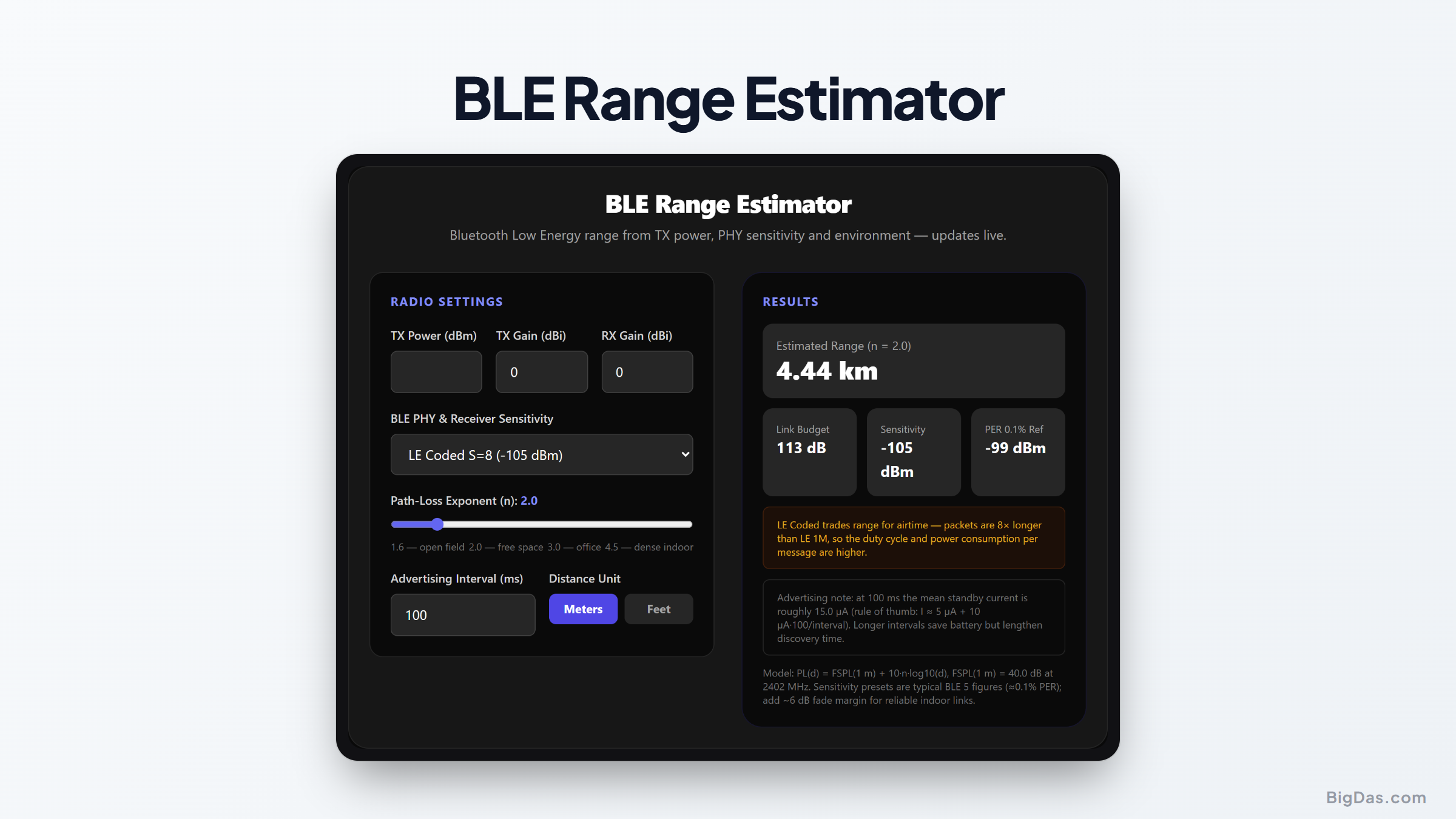 Free BLE Range Estimator Online — Big Das interactive tool preview