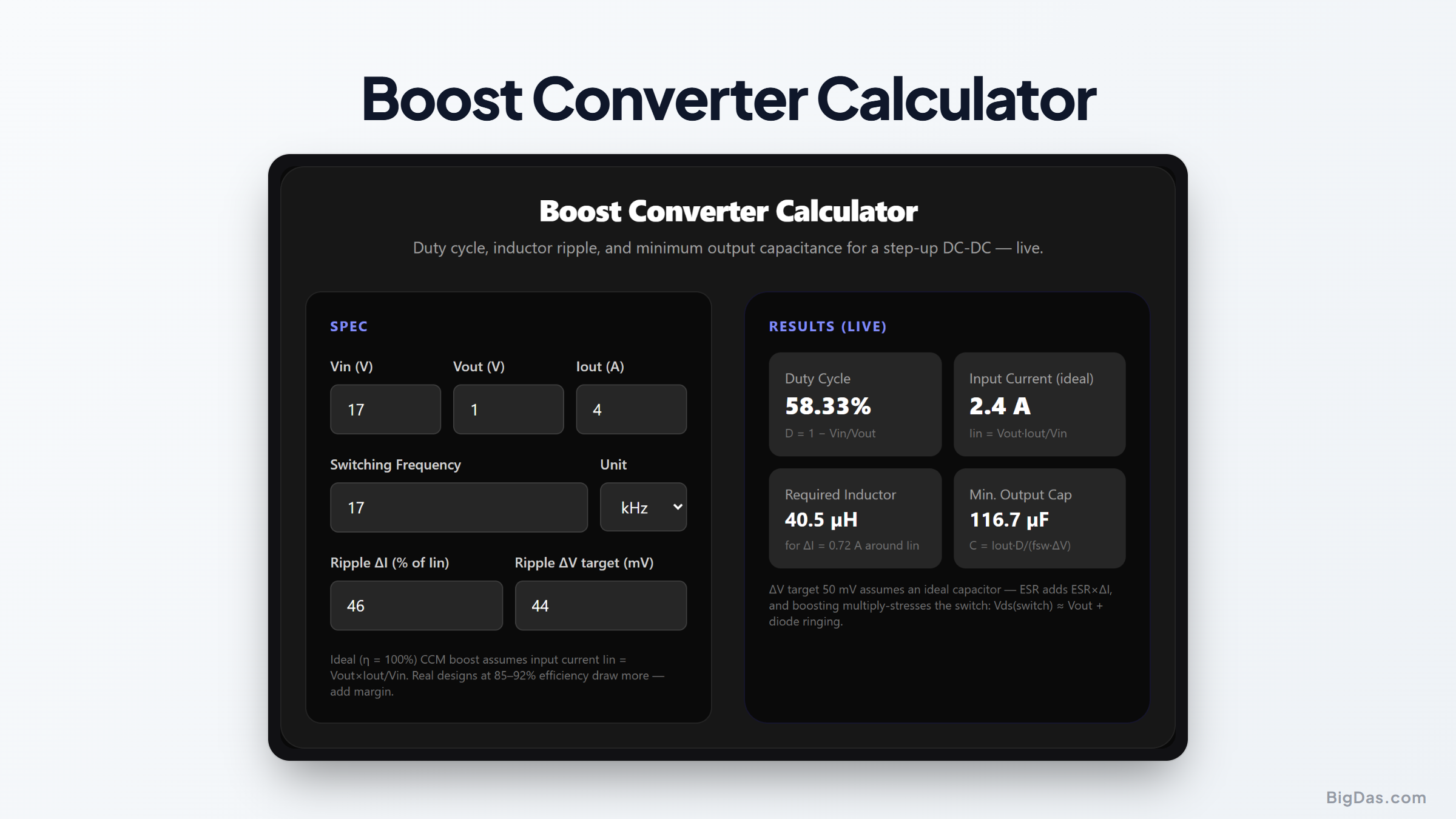 Free Boost Converter Calculator Online — Big Das interactive tool preview
