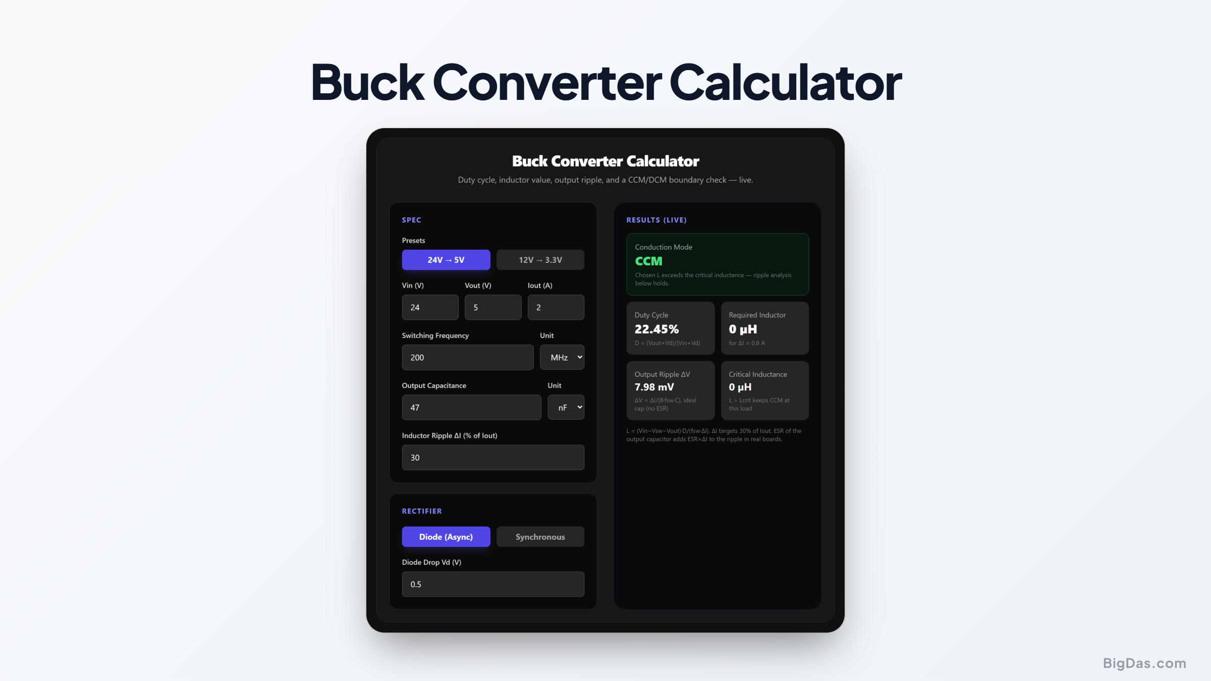 Free Buck Converter Calculator Online — Big Das interactive tool preview