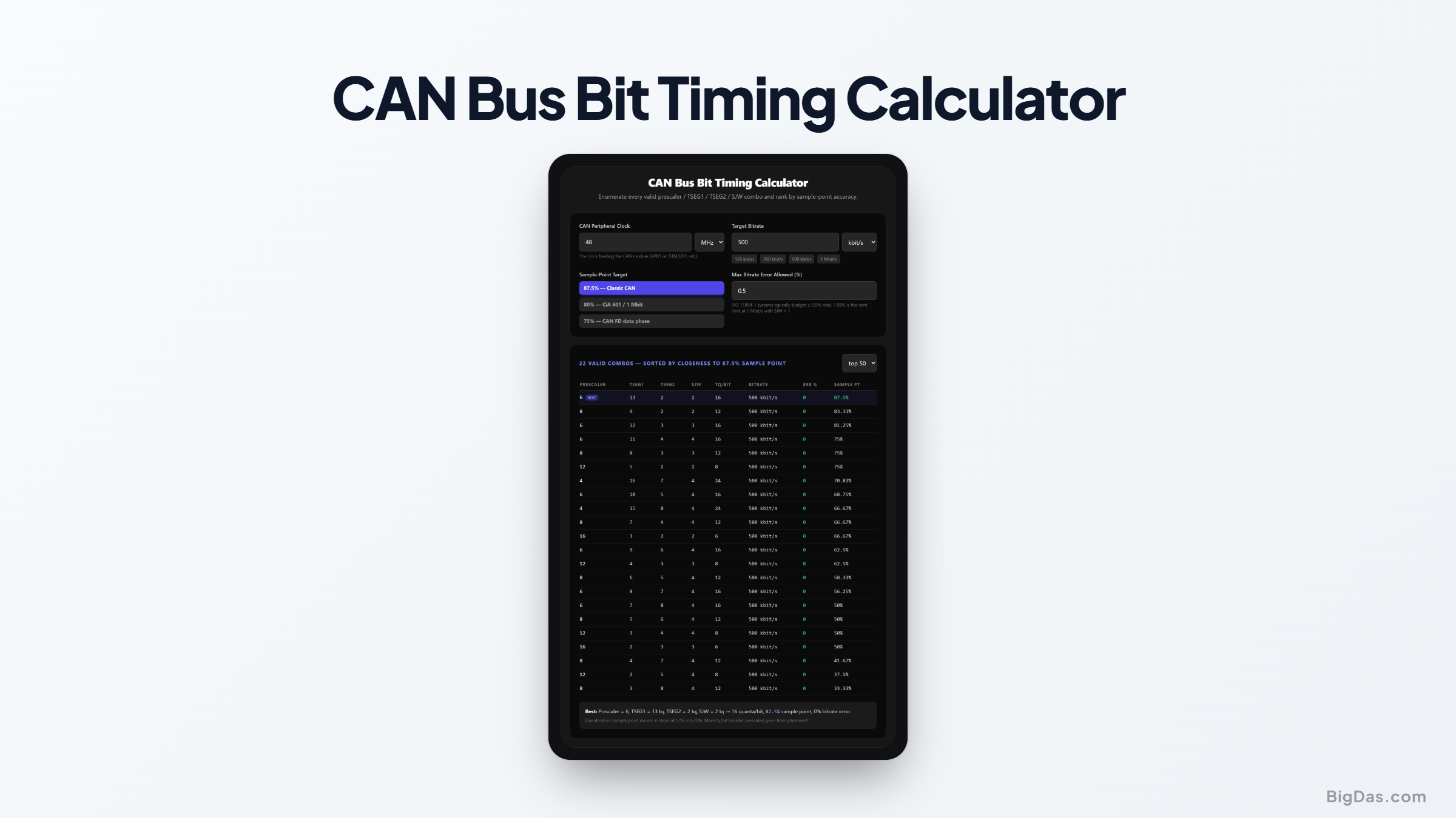 Free CAN Bus Bit Timing Calculator Online — Big Das interactive tool preview