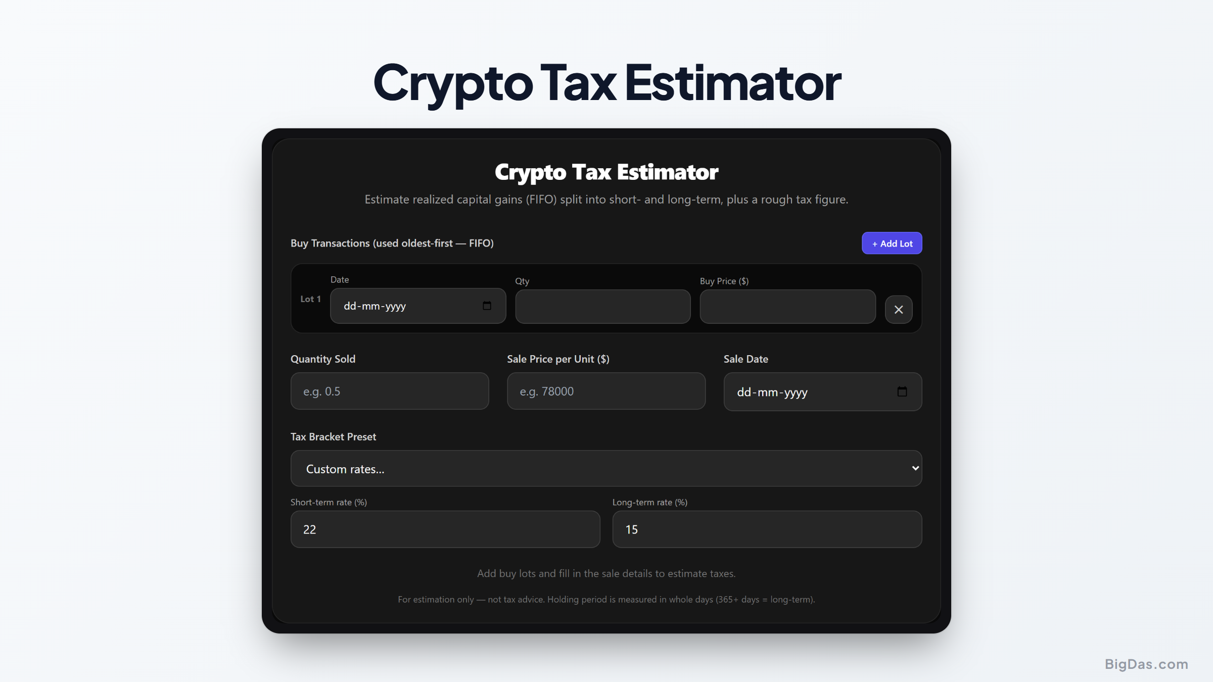 Crypto Tax Estimator: How to Calculate Capital Gains and FIFO Cost Basis interactive tool preview