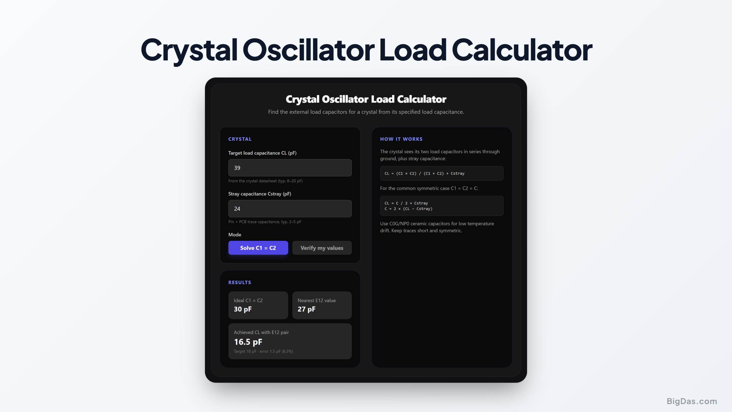 Free Crystal Load Capacitor Calculator Online — Big Das interactive tool preview