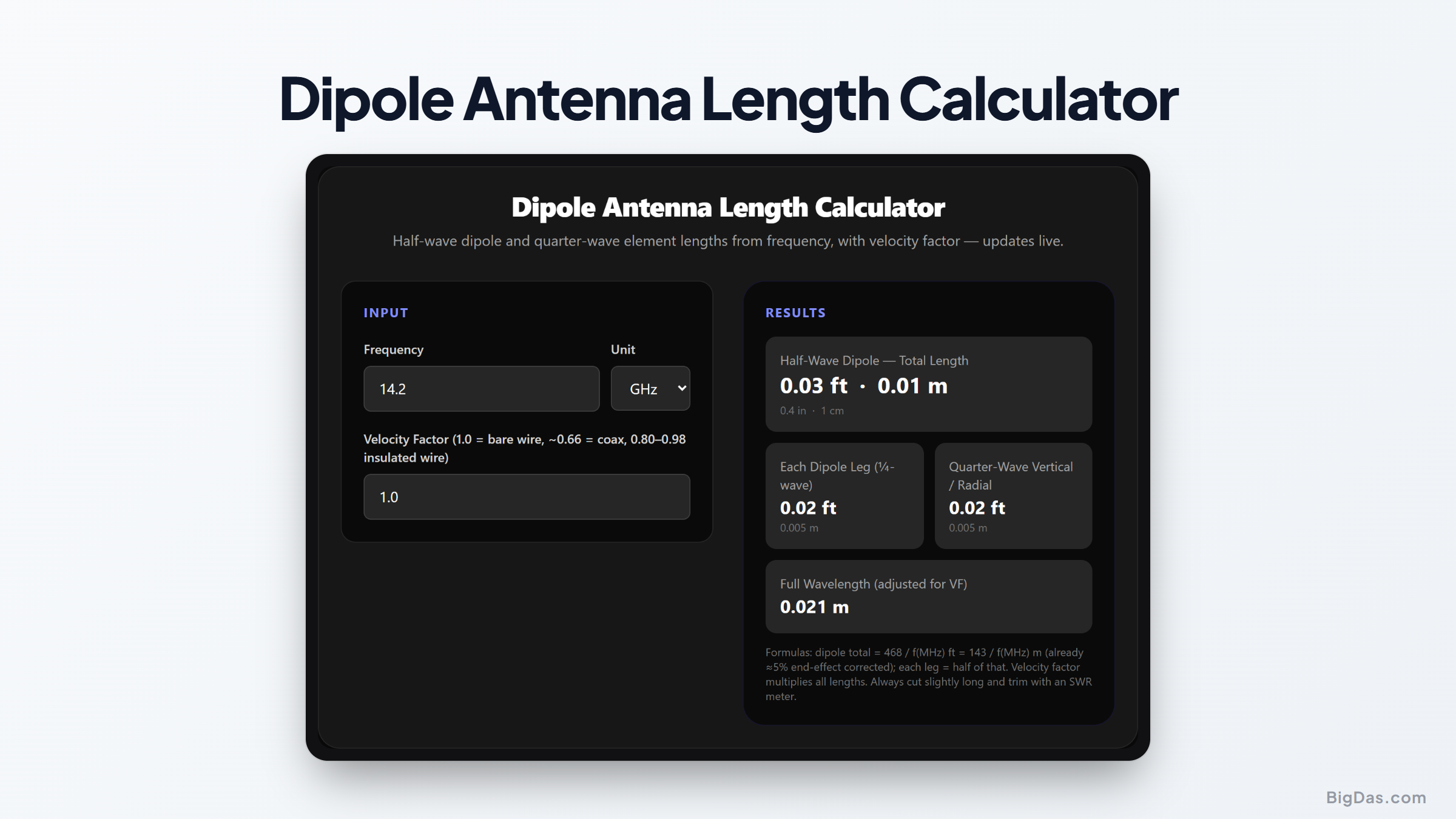 Free Dipole Antenna Length Calculator Online — Big Das interactive tool preview