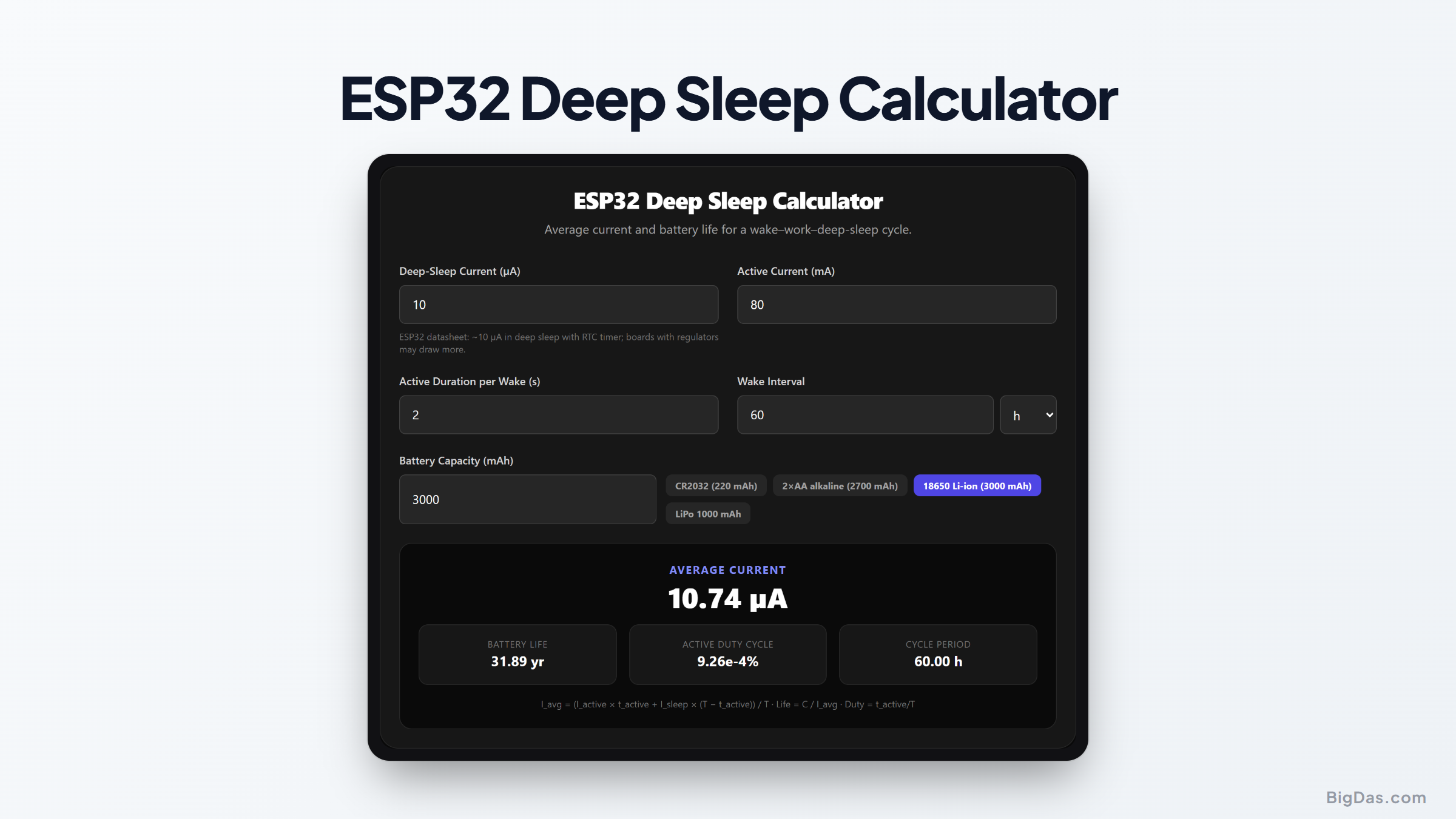 Free ESP32 Deep Sleep Calculator Online — Big Das interactive tool preview