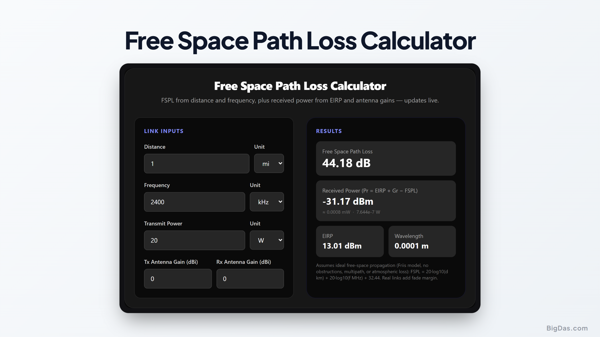 Free Space Path Loss Calculator Online — Big Das interactive tool preview
