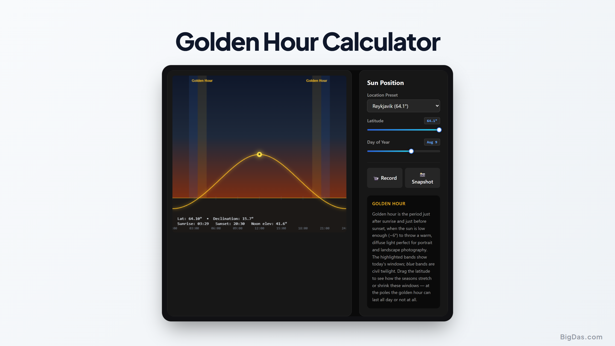 Master Natural Light Photography with the Golden Hour Calculator interactive tool preview