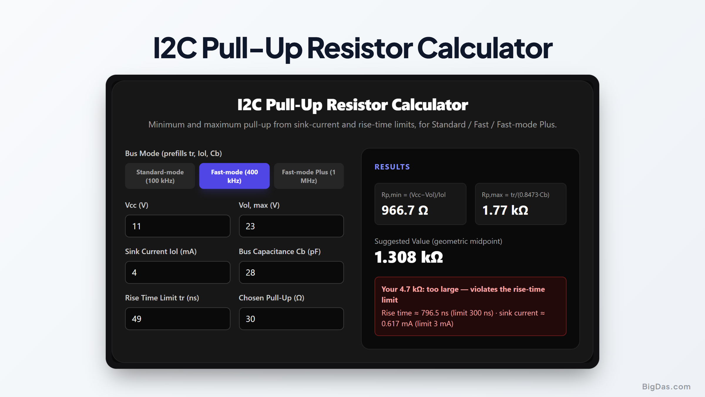 Free I2C Pull-Up Resistor Calculator Online — Big Das interactive tool preview