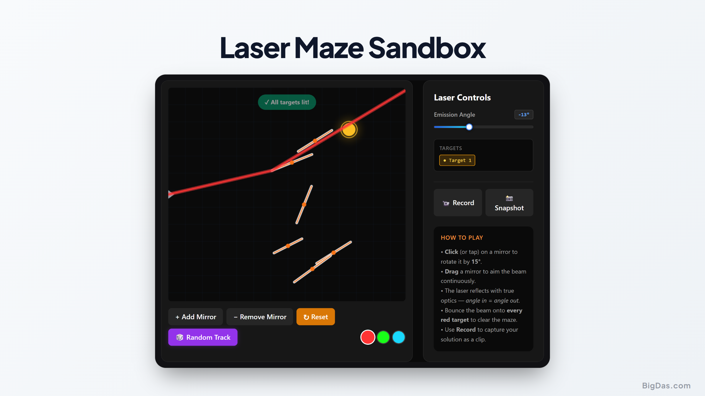 Interactive Optics Simulation: Mastering Light Reflection with the Laser Maze Sandbox interactive tool preview