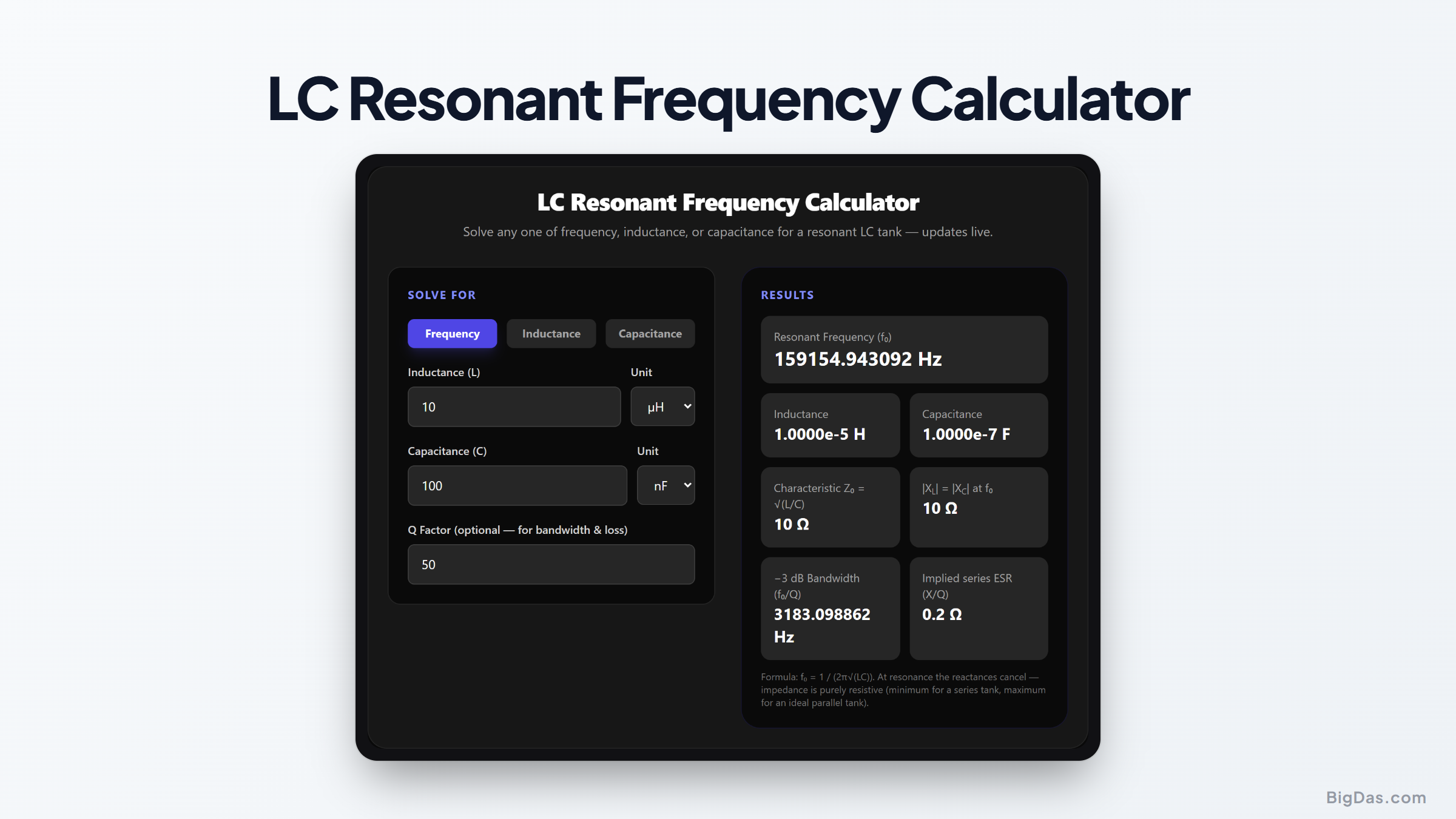 Free LC Resonant Frequency Calculator Online — Big Das interactive tool preview