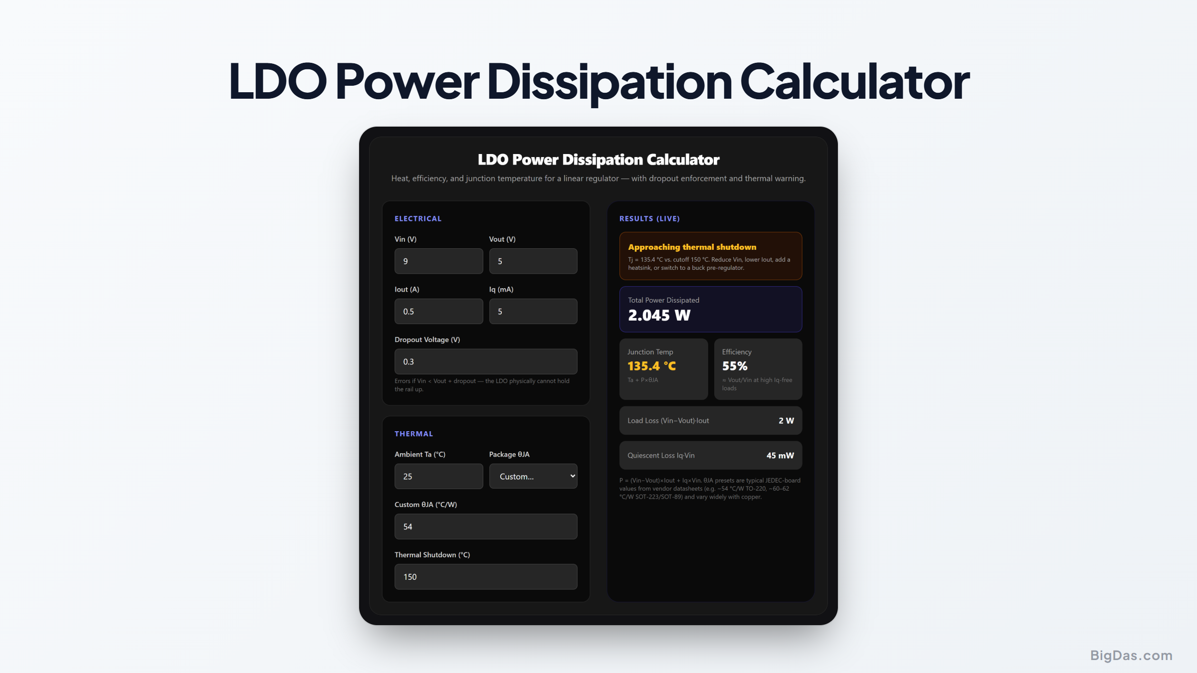 Free LDO Power Dissipation Calculator Online — Big Das interactive tool preview