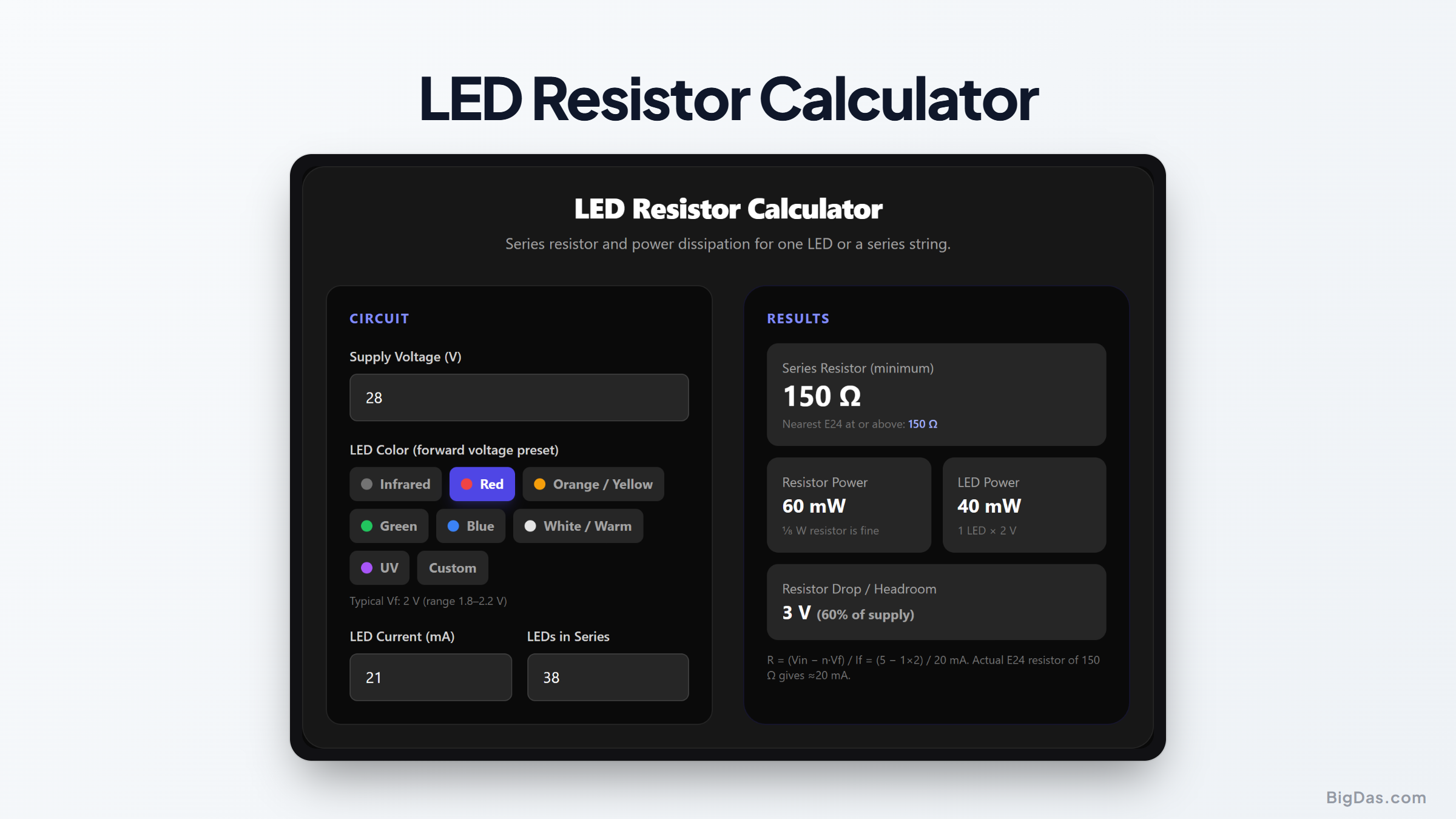 Free LED Resistor Calculator Online — Big Das interactive tool preview