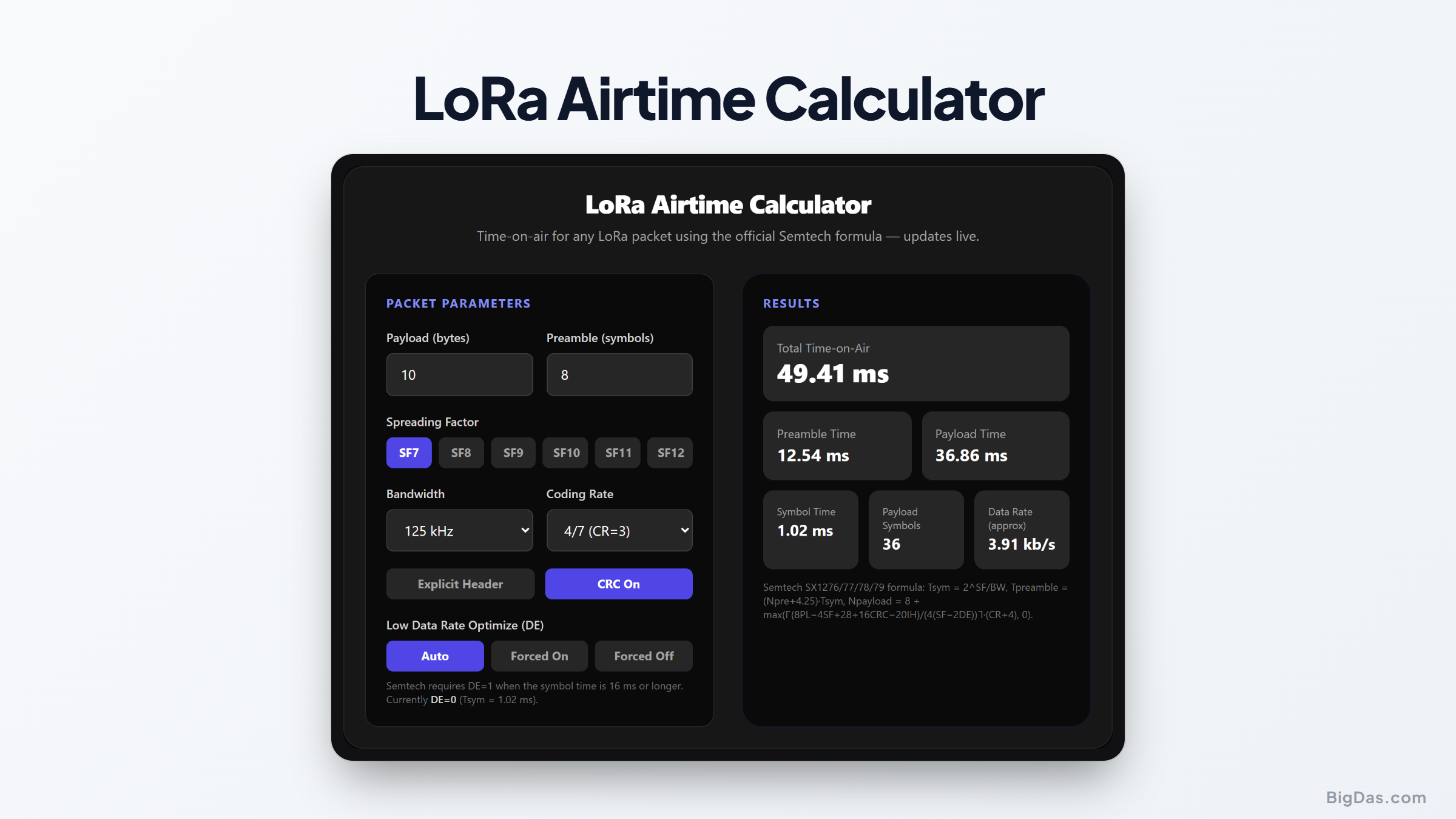 Free LoRa Airtime Calculator Online — Big Das interactive tool preview