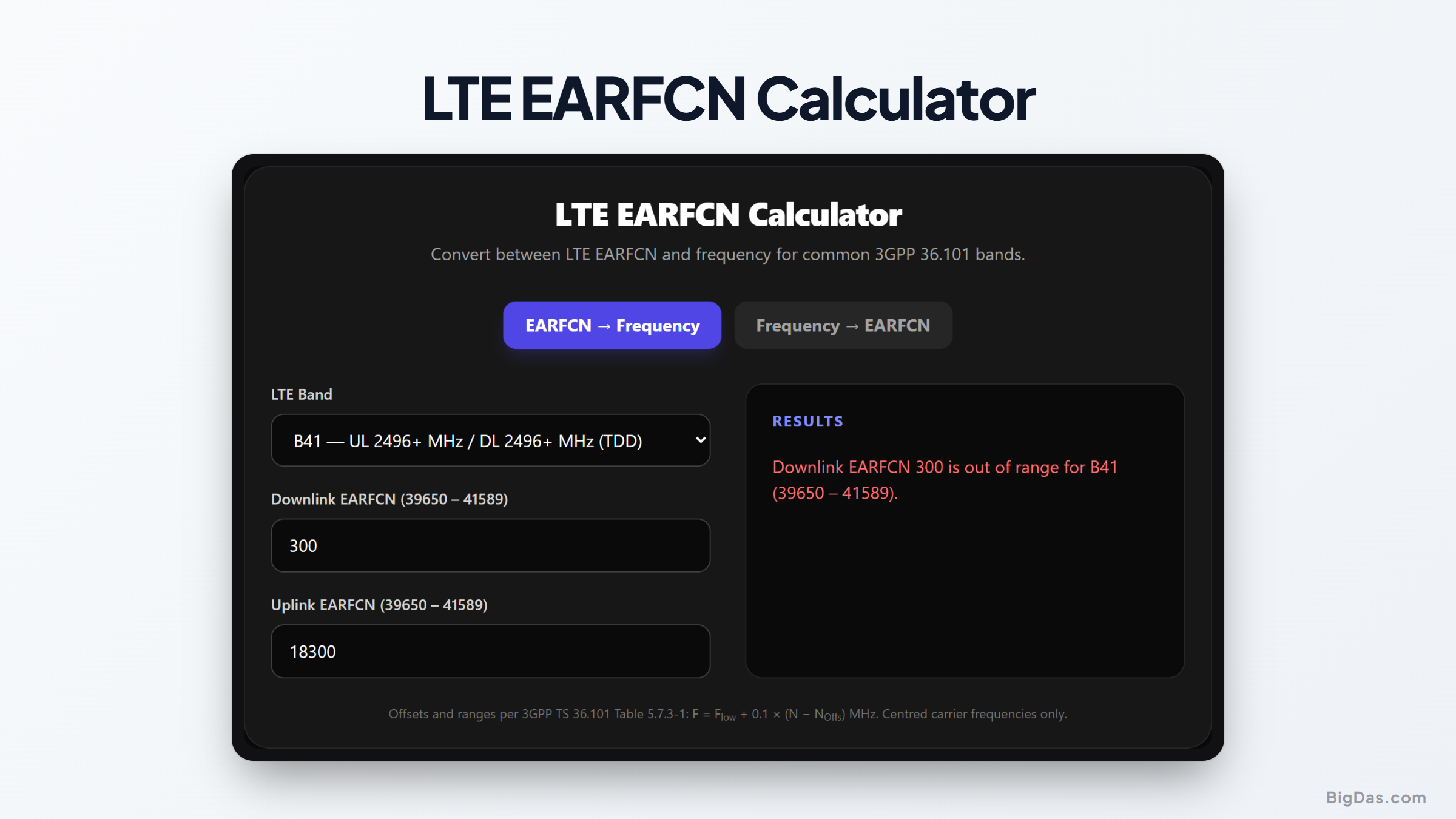 Free LTE EARFCN Calculator Online — Big Das interactive tool preview