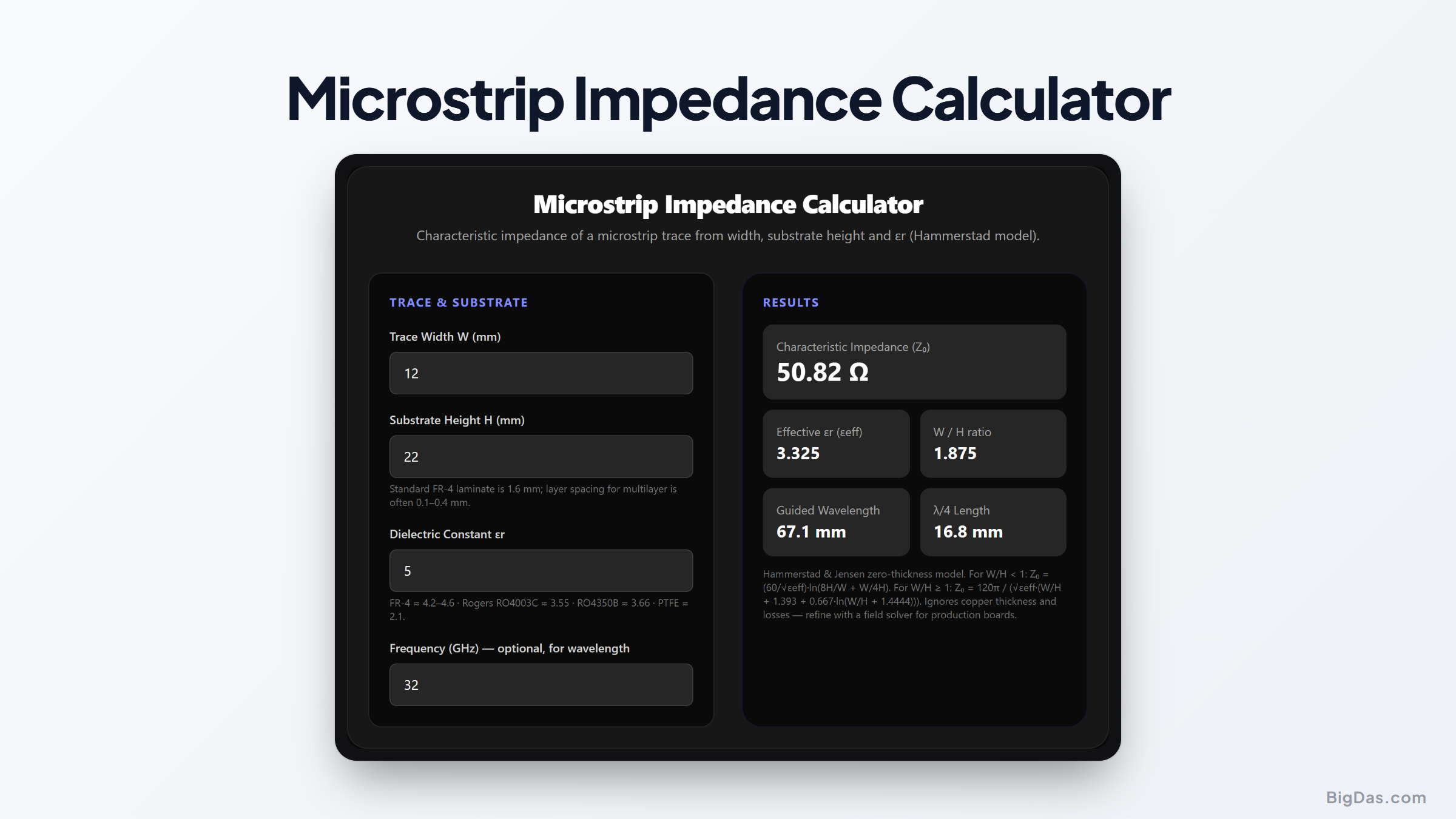 Free Microstrip Impedance Calculator Online — Big Das interactive tool preview