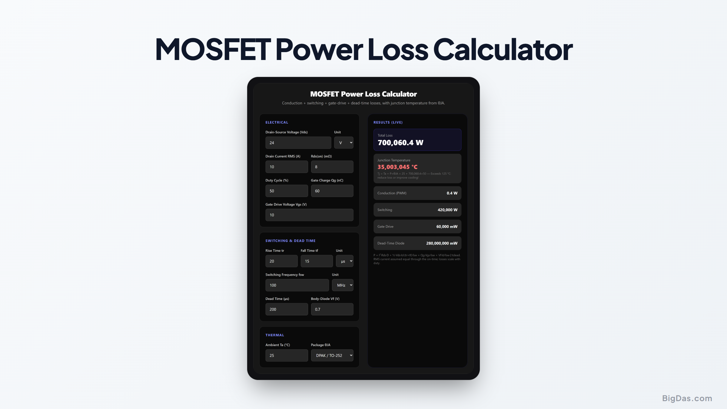 Free MOSFET Power Loss Calculator Online — Big Das interactive tool preview