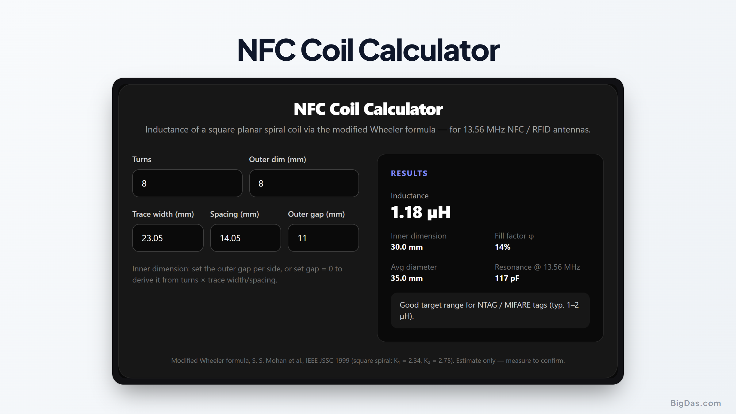 Free NFC Coil Calculator Online — Big Das interactive tool preview