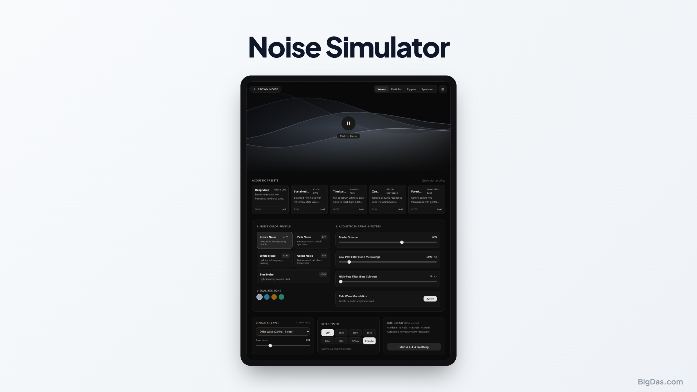The Science of Sound: White, Pink, and Brown Noise for Deep Sleep, Tinnitus Relief, and Focus interactive tool preview