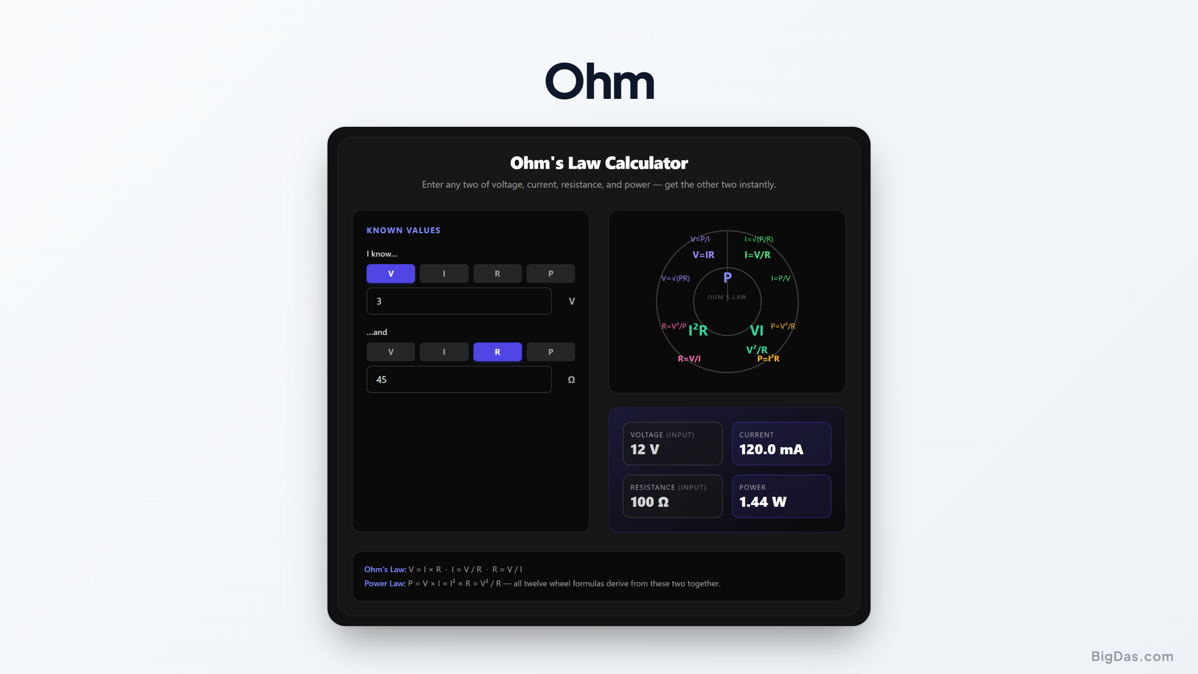 Free Ohm's Law Calculator Online — Big Das interactive tool preview