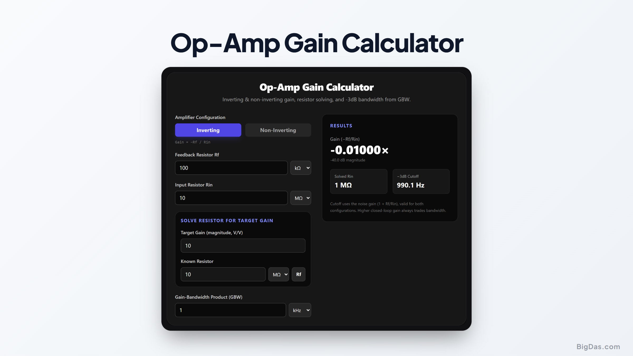 Free Op-Amp Gain Calculator Online — Big Das interactive tool preview
