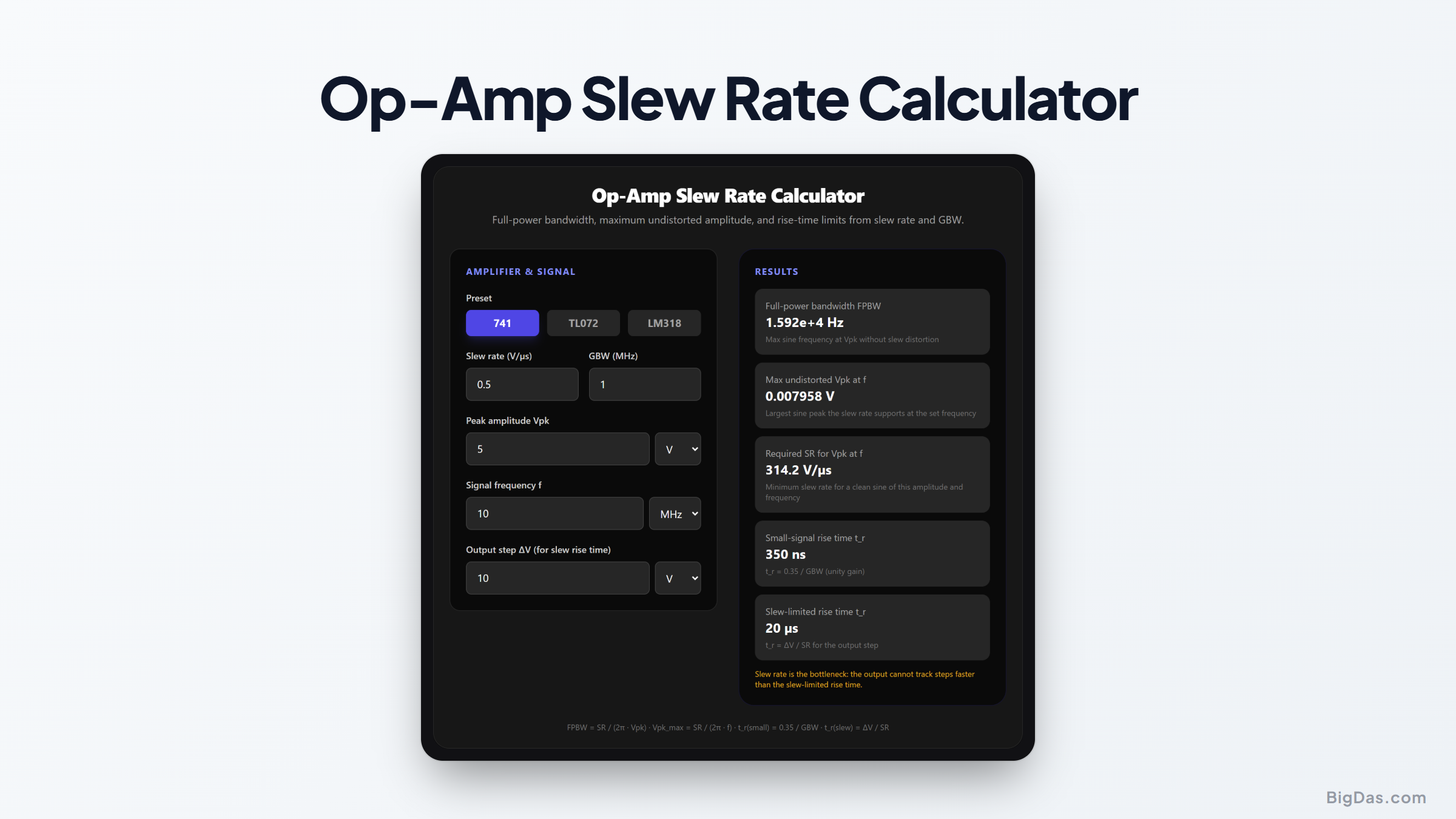 Free Op-Amp Slew Rate Calculator Online — Big Das interactive tool preview