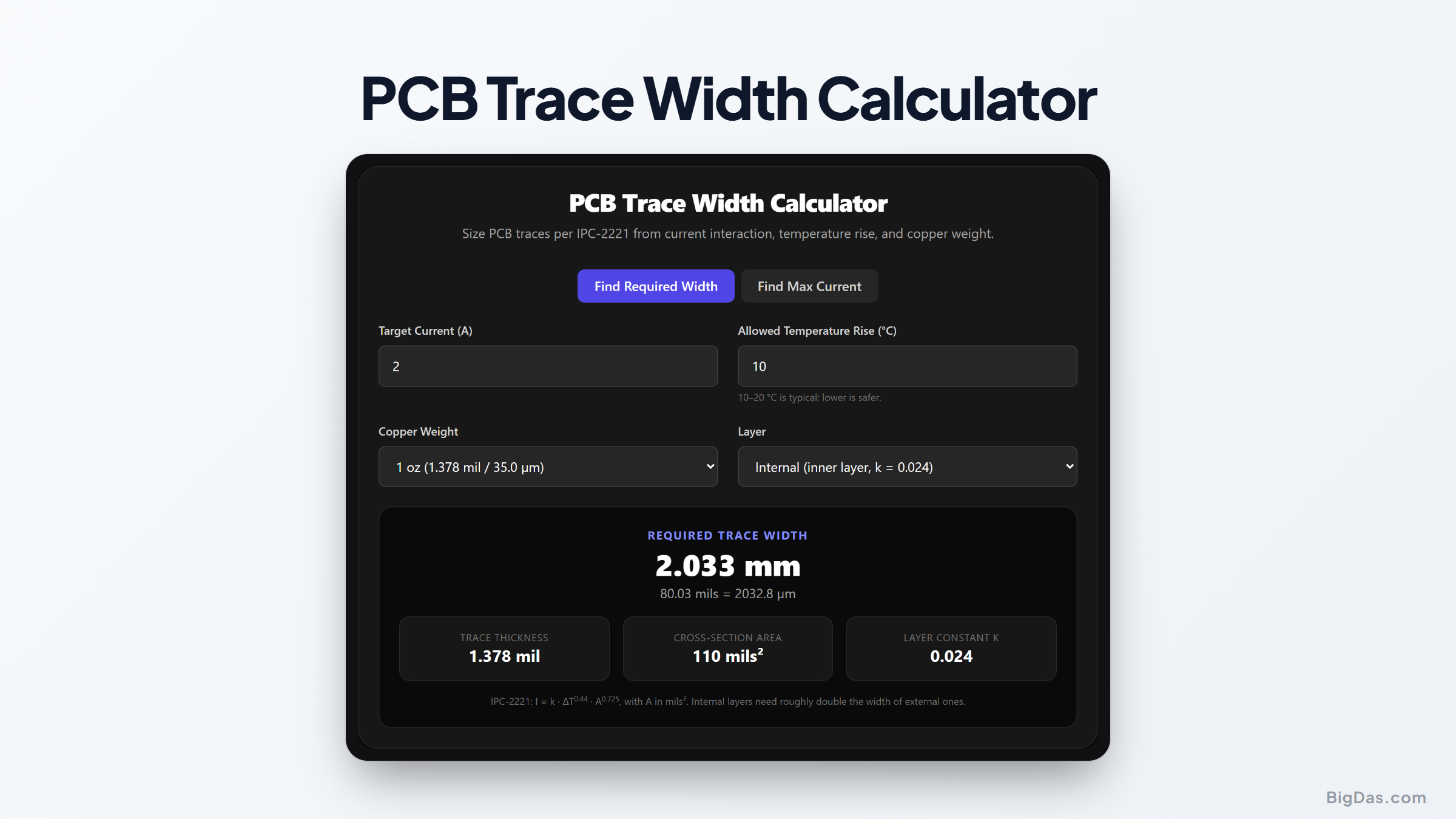 Free PCB Trace Width Calculator Online — Big Das interactive tool preview