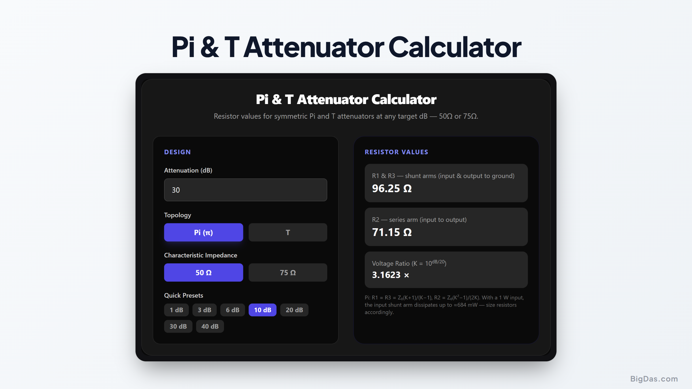 Free Pi & T Attenuator Calculator Online — Big Das interactive tool preview