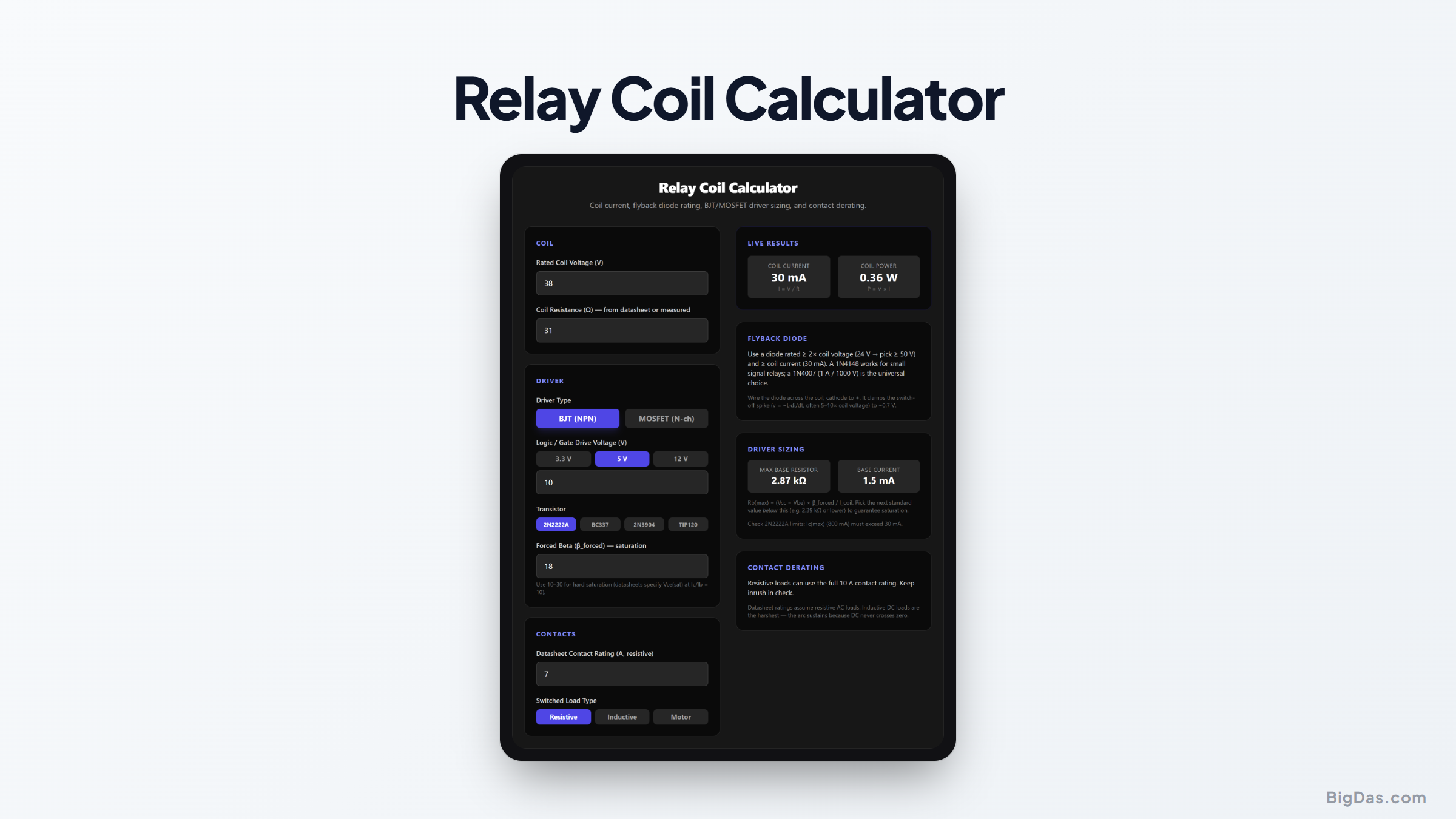 Free Relay Coil Calculator Online — Big Das interactive tool preview