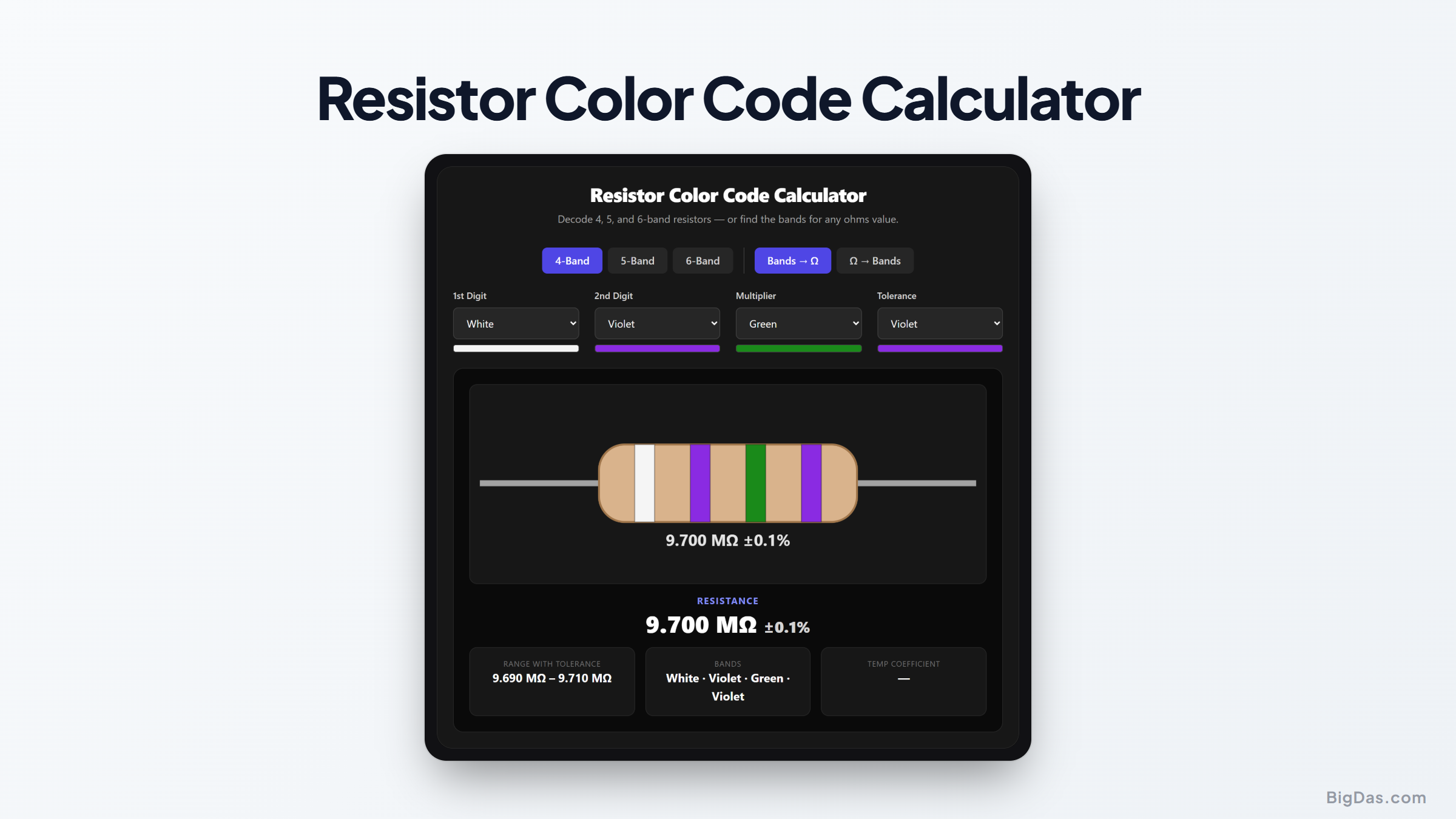 Free Resistor Color Code Calculator Online — Big Das interactive tool preview