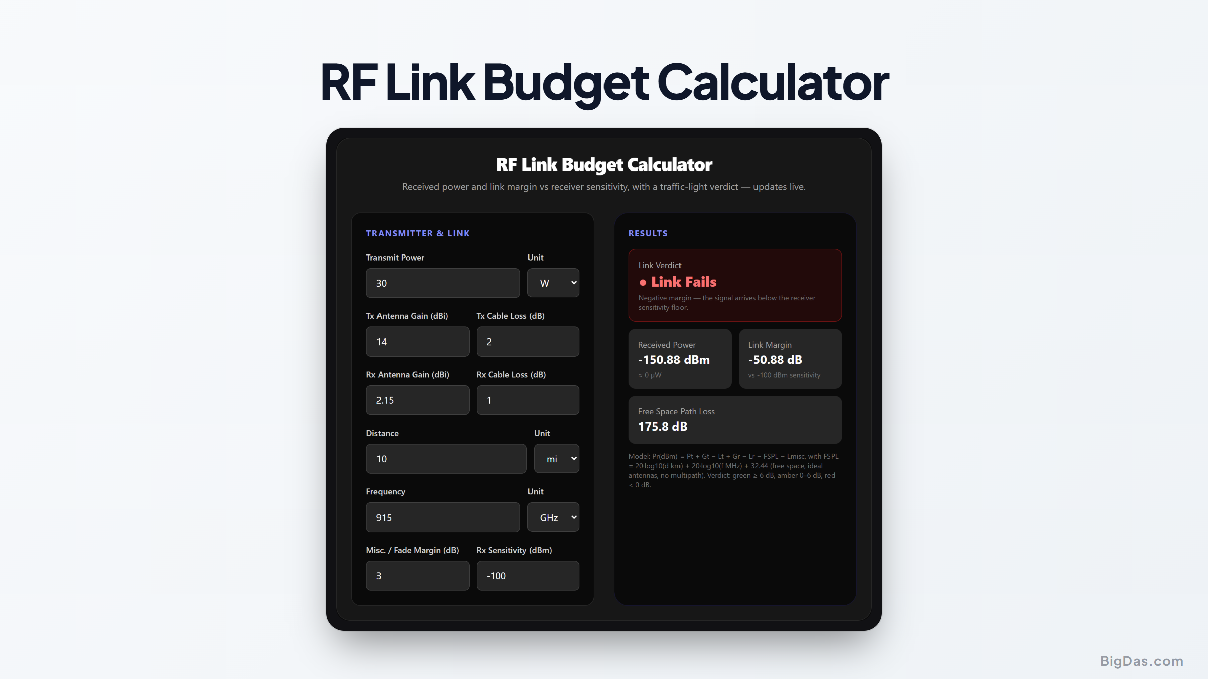 Free RF Link Budget Calculator Online — Big Das interactive tool preview
