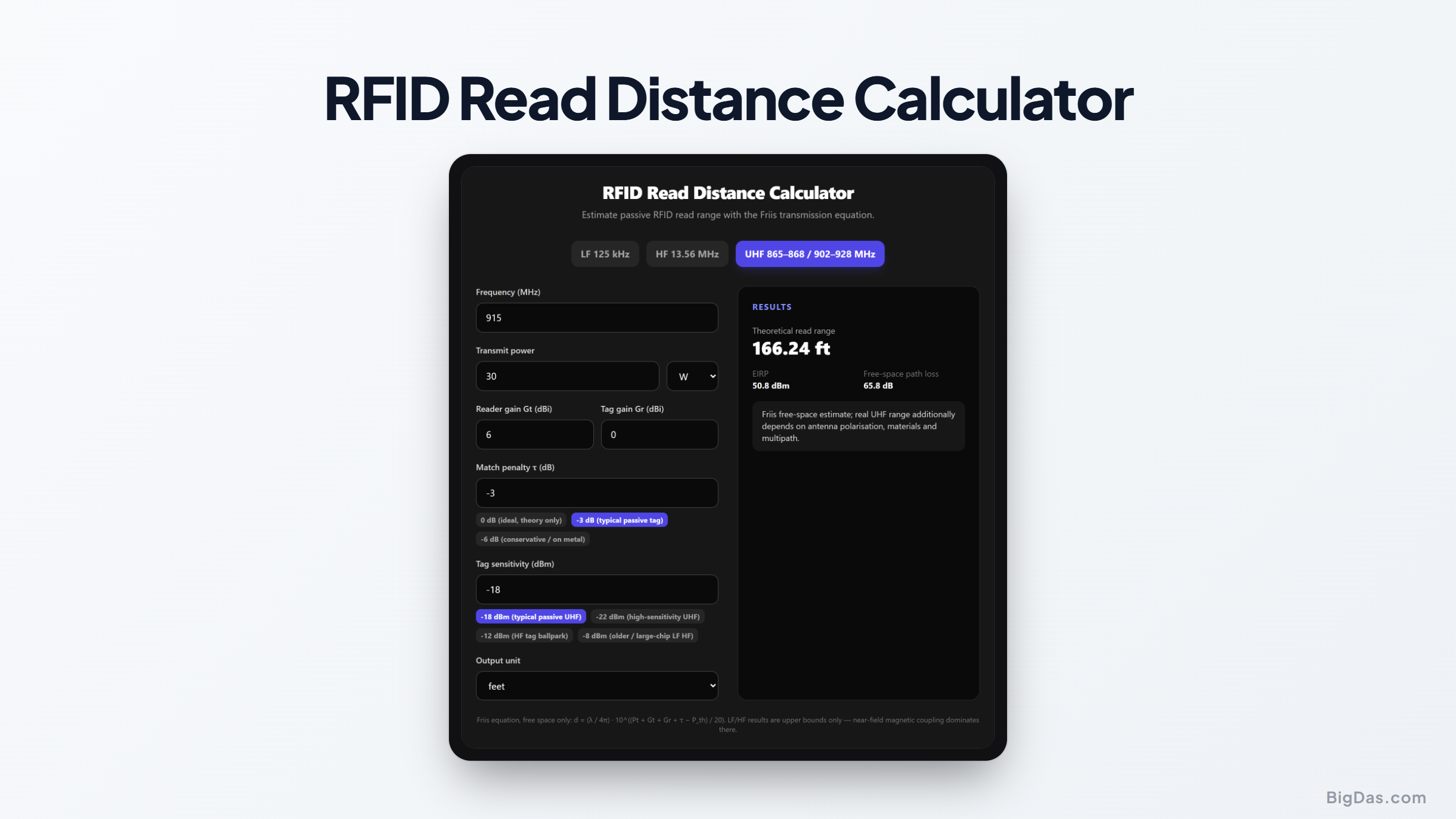 Free RFID Read Distance Calculator Online — Big Das interactive tool preview