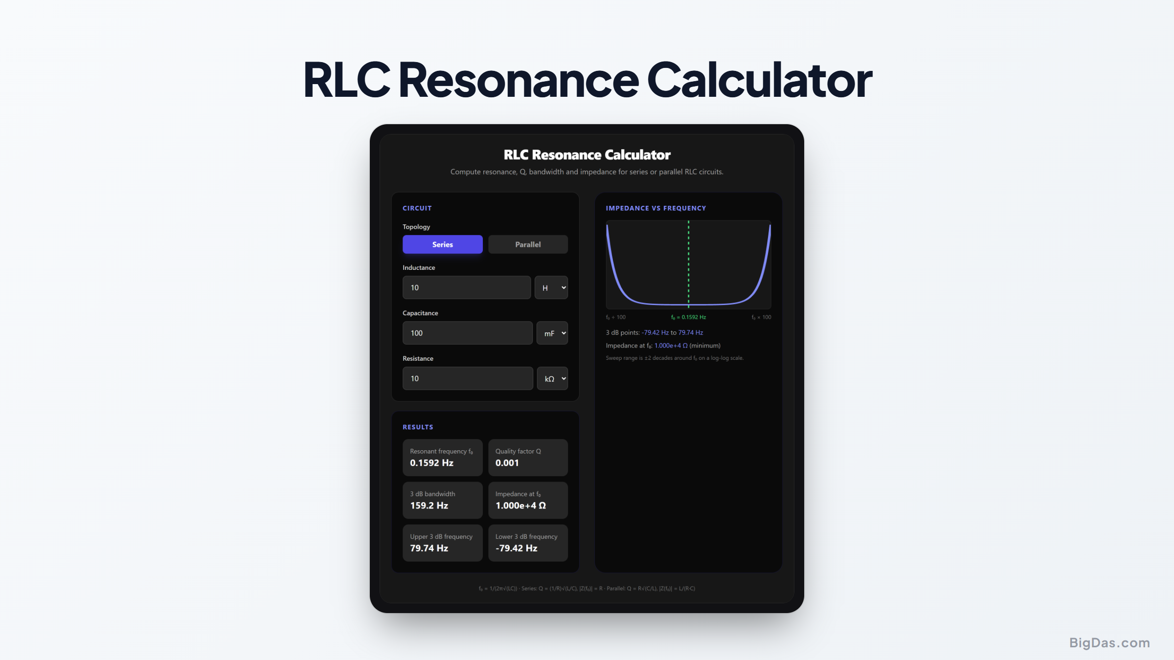 Free RLC Resonance Calculator Online — Big Das interactive tool preview