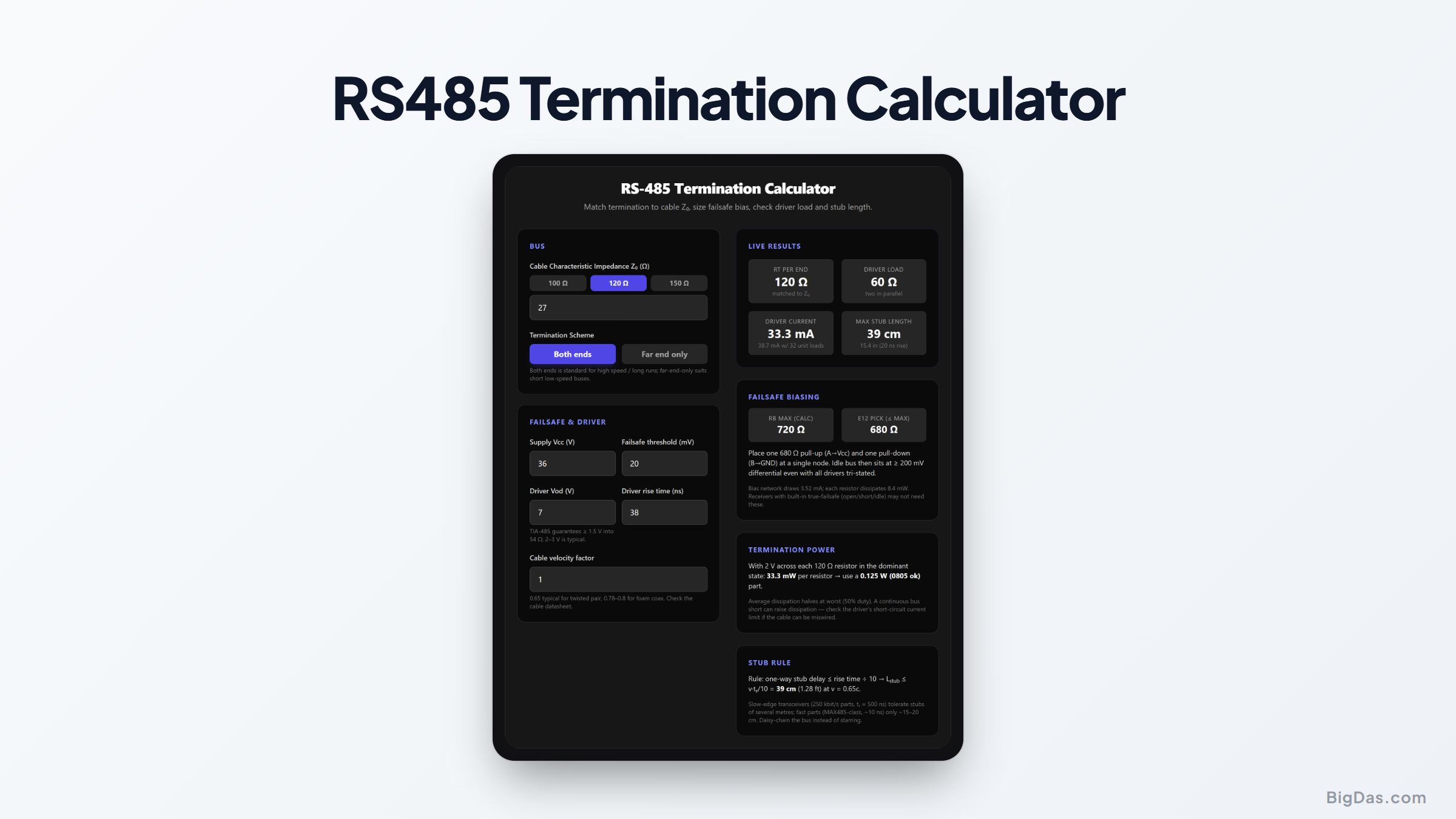 Free RS-485 Termination Calculator Online — Big Das interactive tool preview