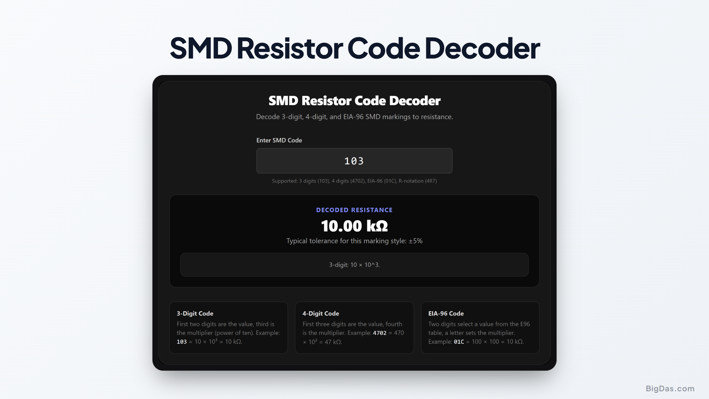 Free SMD Resistor Code Decoder Online — Big Das interactive tool preview