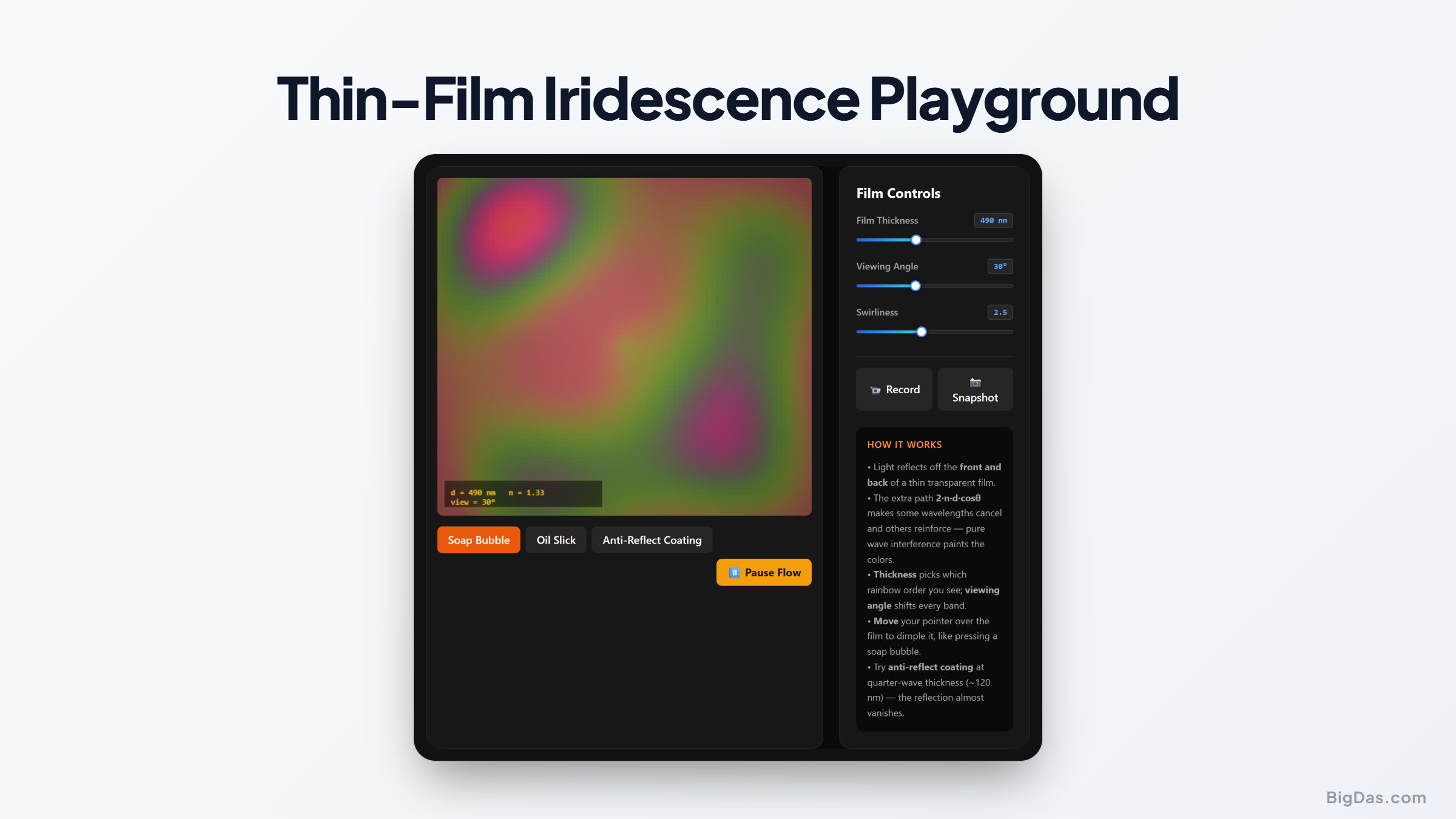 Thin-Film Iridescence Playground interactive tool preview