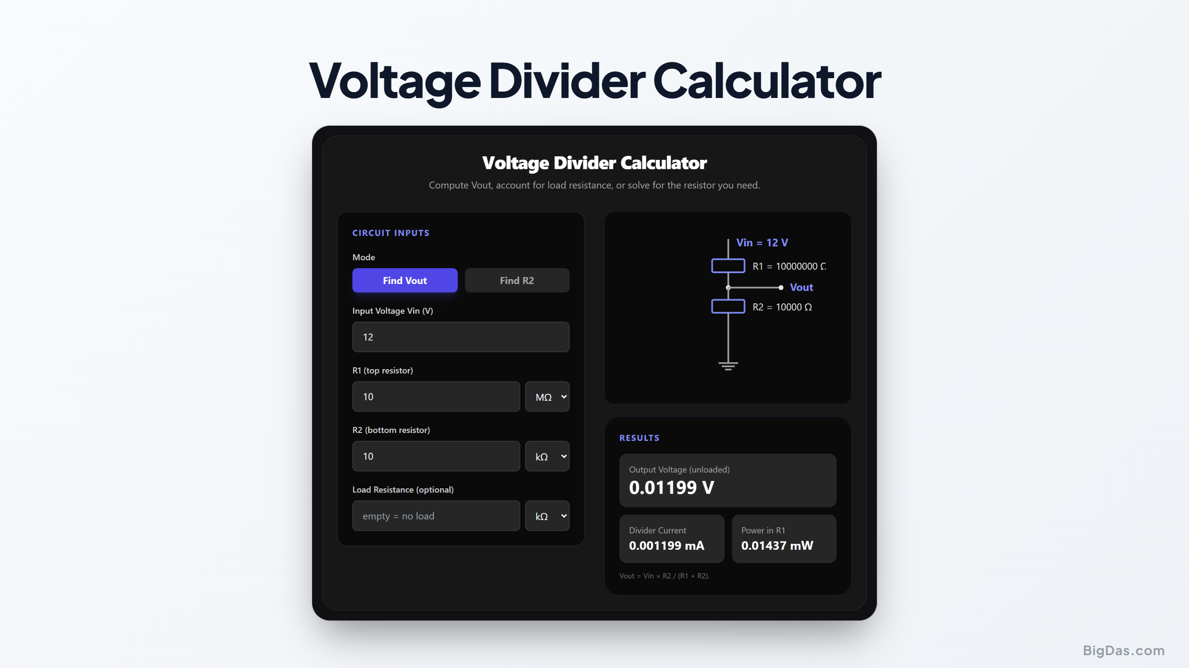 Free Voltage Divider Calculator Online — Big Das interactive tool preview