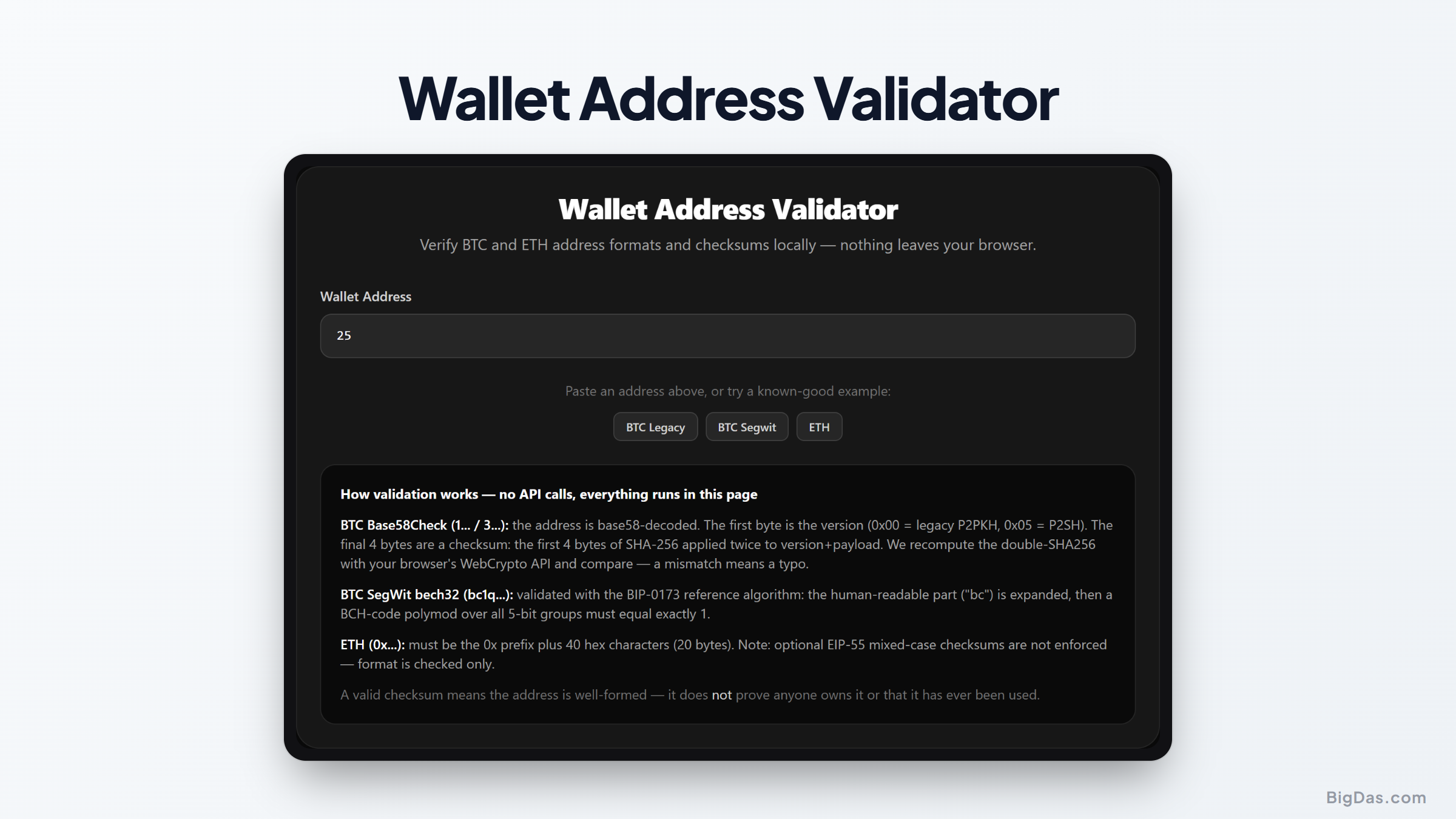 Wallet Address Verification: Validating Bitcoin and Ethereum Formats Securely interactive tool preview