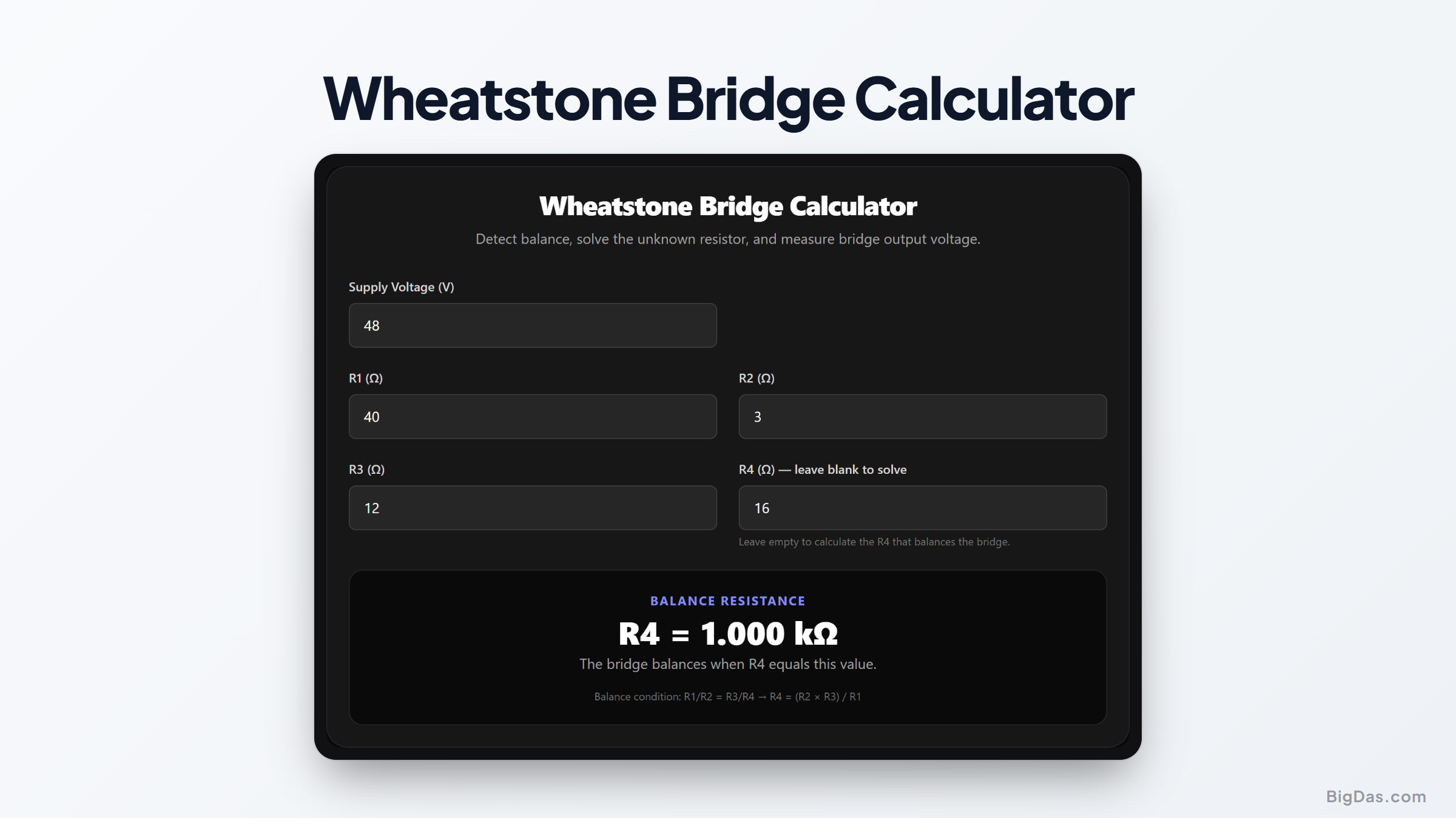 Free Wheatstone Bridge Calculator Online — Big Das interactive tool preview