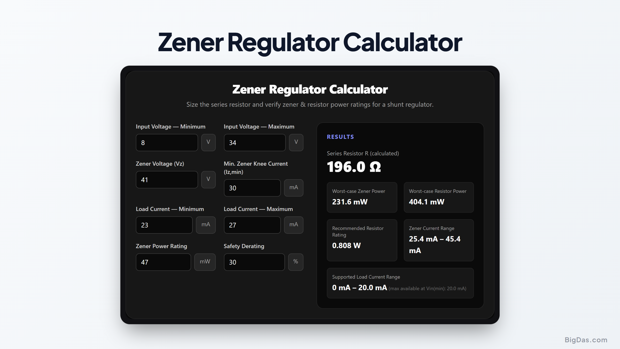 Free Zener Regulator Calculator Online — Big Das interactive tool preview